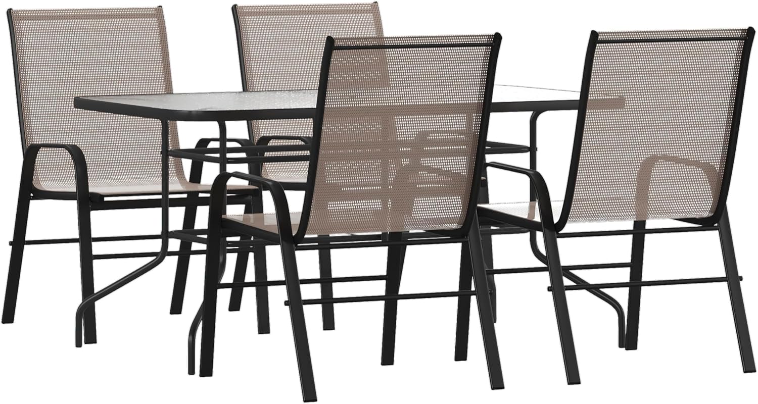 Flash Furniture Brazos 5 Piece Outdoor Patio Dining Set - 4 Brown Flex Comfort Stack Chairs - 55" Tempered Glass Patio Table with Umbrella Hole