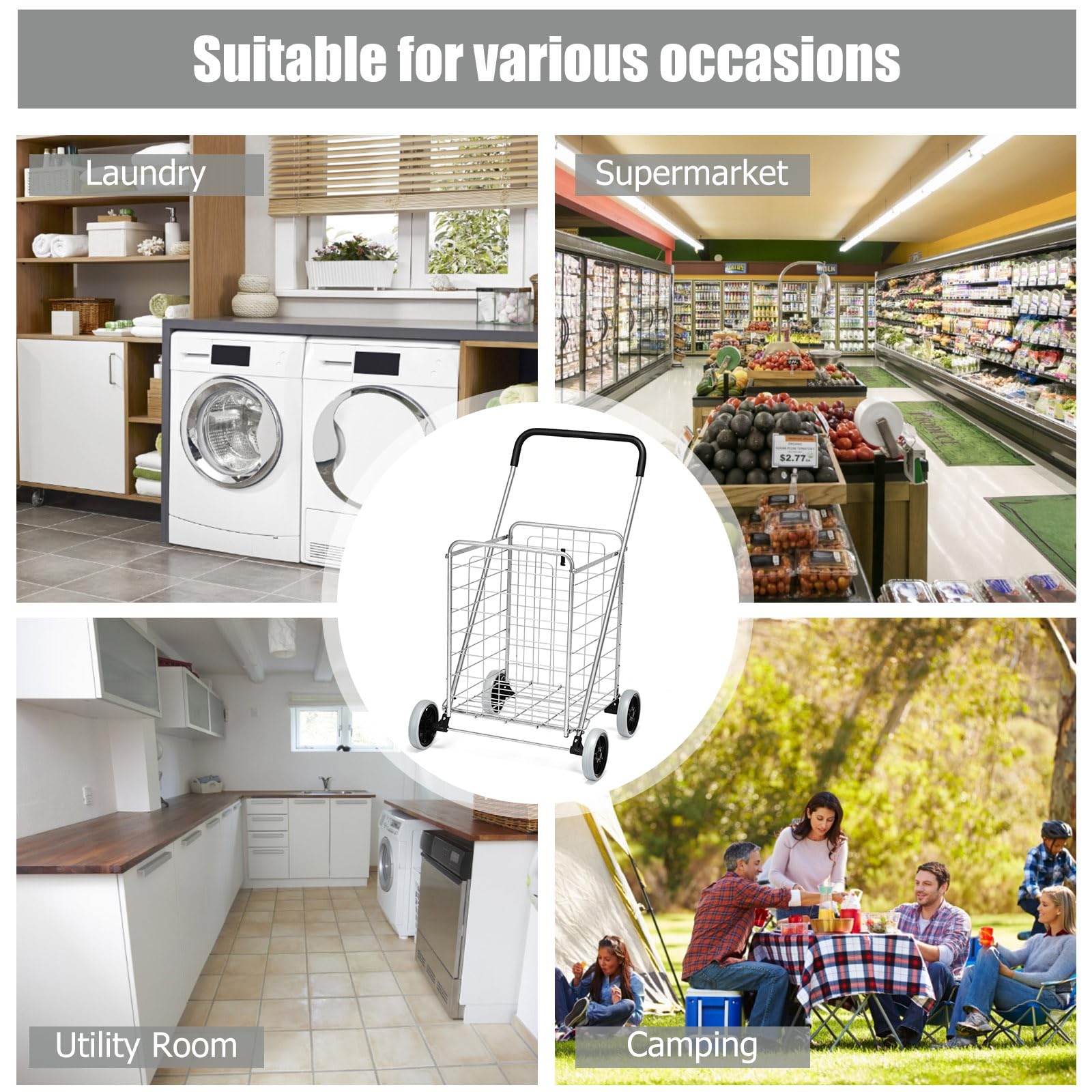 SOARS Carrello per la spesa pieghevole 83L, con ruote grandi e maniglia, telaio in metallo, carico 45 kg, carrello della spesa per supermercato, biancheria, bagagli, 57 x 58,5 x 91,5 cm (argento)