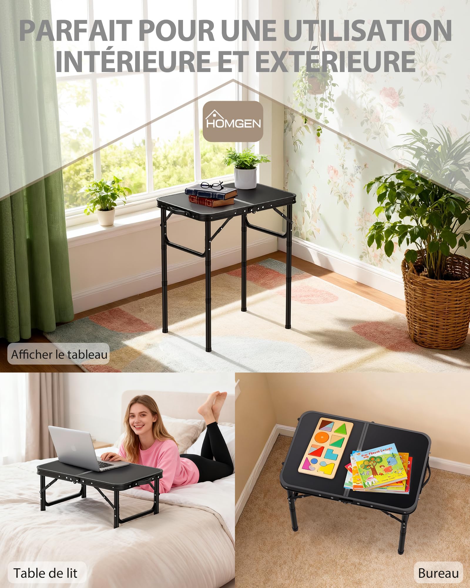 HOMGEN Table de Pique-Nique Pliante 58x40 cm, Réglable en Hauteur sur 3 Niveaux, Table Pliante, Table de Pique-Nique légère et Portable pour activités en Plein air, Balcon, Jardin - Argent