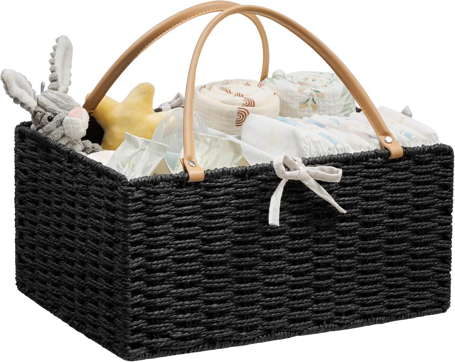 Angelhood Large Paper Rope Diaper Caddy, Baby Essentials Organizer, Portable Baby Shower Baskets Gift Bin, Car Storage Bag for Nursery
