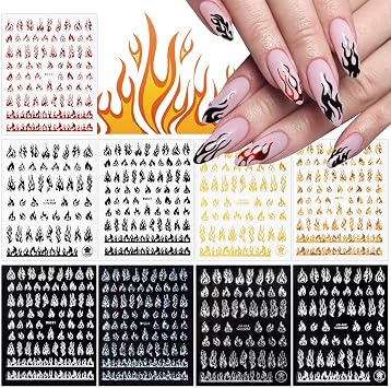 TOROKOM 9 Sheets Flame Nail Stickers Decals | 3D Holographic Self-Adhesive Fire Nail Decals White Black Silver Gold Red Flame Nail Sticker Nail Art Supplies for Nail Decor