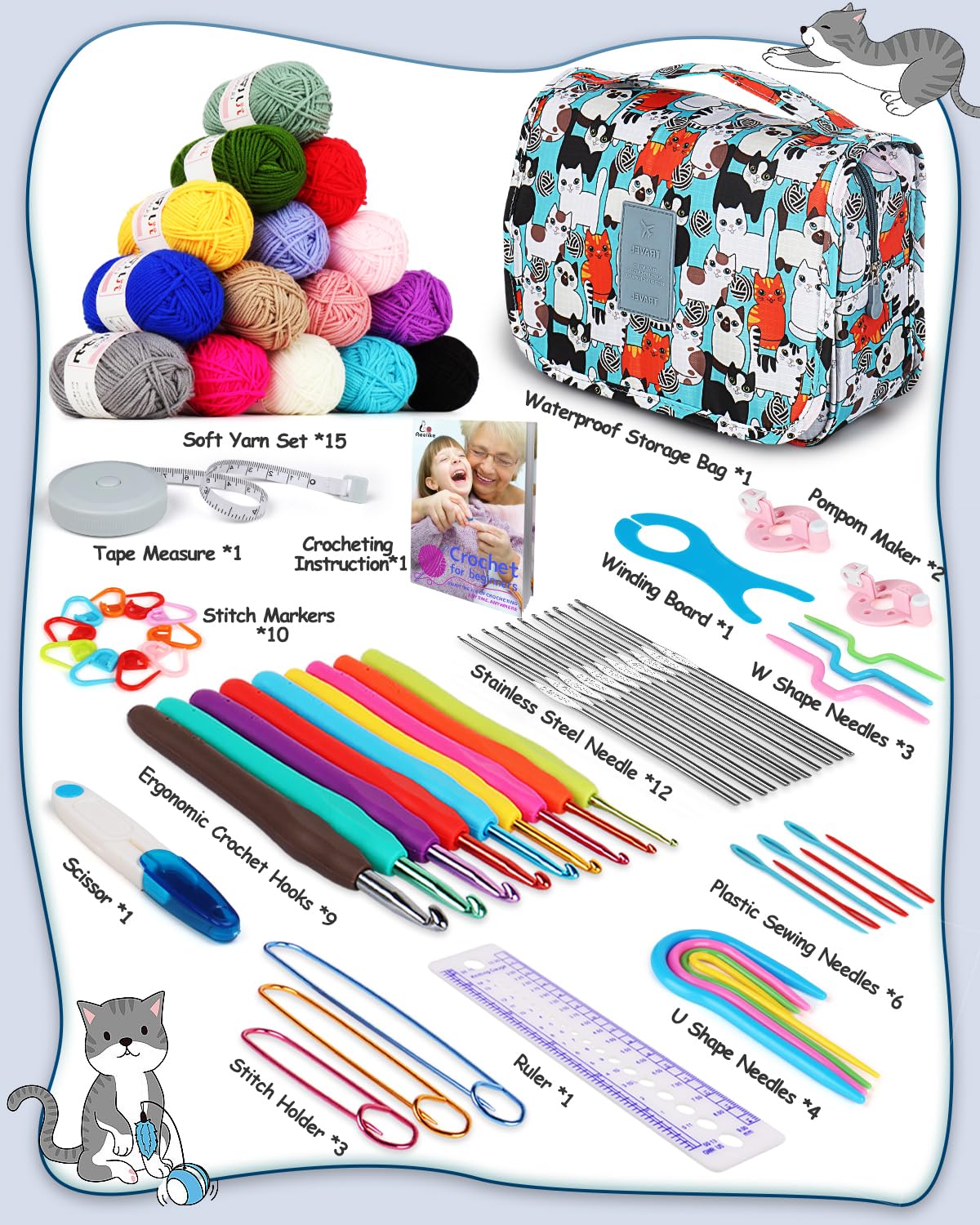 Aeelike Blaue Katze Häkelset für Anfänger Kinder mit 15 Häkelgarn, Ergonomische Häkelnadeln für Arthritische Hände, Starter Häkelset mit Anleitung, Häkeltasche, Strickzubehör, Häkeln für Anfänger Set