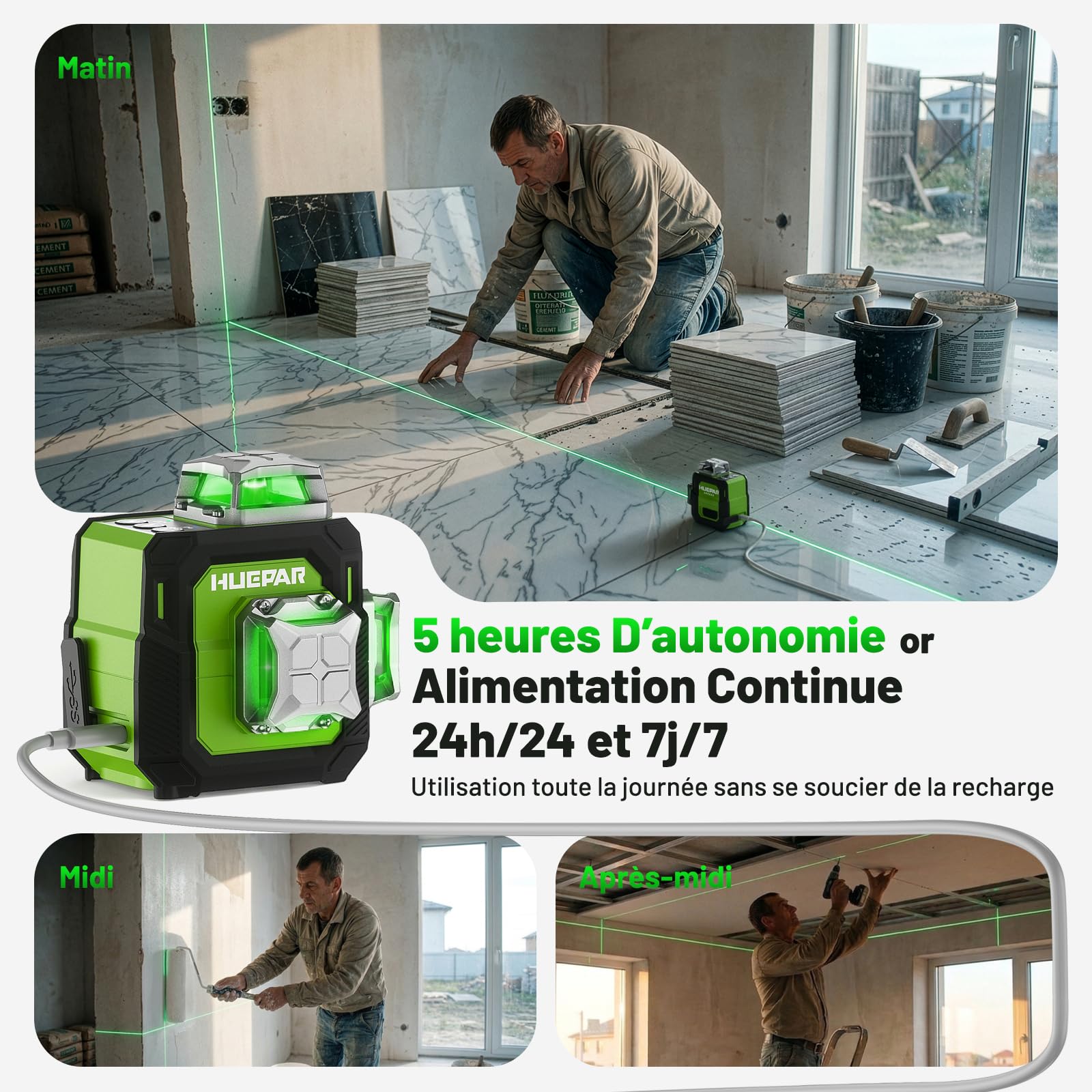 Niveau Laser 360 Autonivelant avec Trépied 152cm, Huepar 3x360 Croisé Laser Vert avec Mode Impulsion, 40m Compacte 3D Laser Niveau Rechargeable, Base Magnétique – Précision Pro pour Chantier&Bricolage