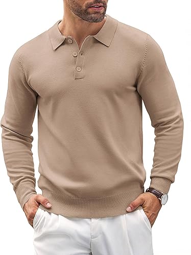 COOFANDY Camisas polo de punto para hombre, estilo casual, manga larga, clásicas, camisas de golf con botones
