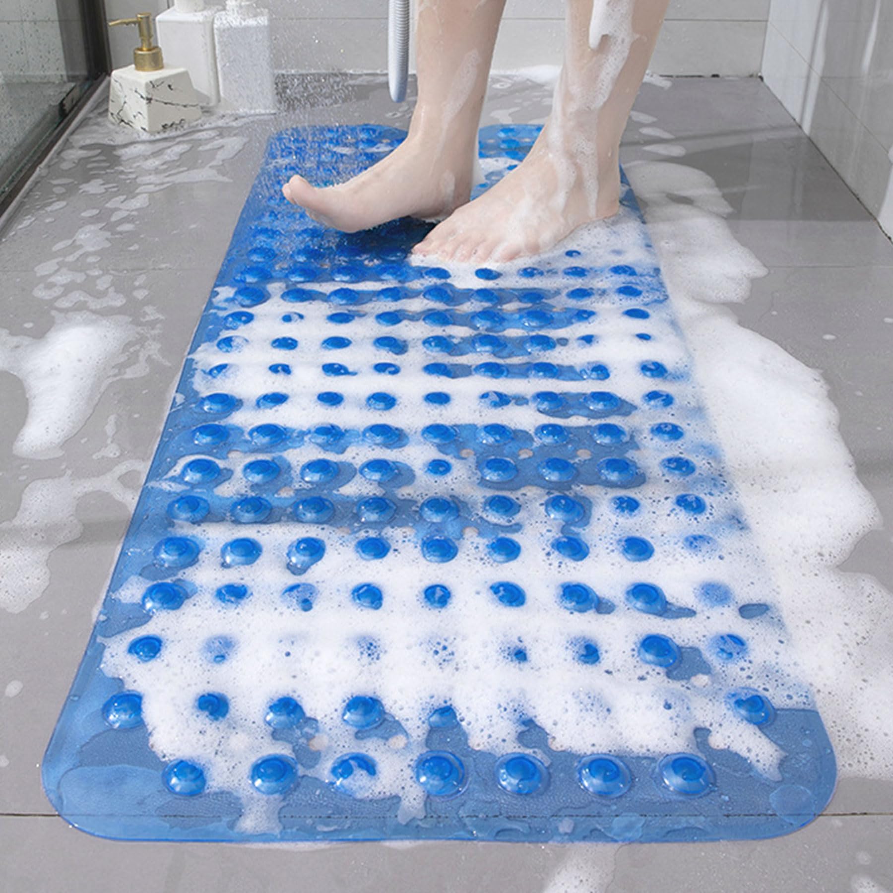 100 x 40cm Tapis de Bain Antiglissant, PVC en Caoutchouc Naturel avec Ventosa, Estera en Tina Extra Large Machine de Douche Lavable pour Bain Antibactérien Résistant au Moho (Bleu Profond)