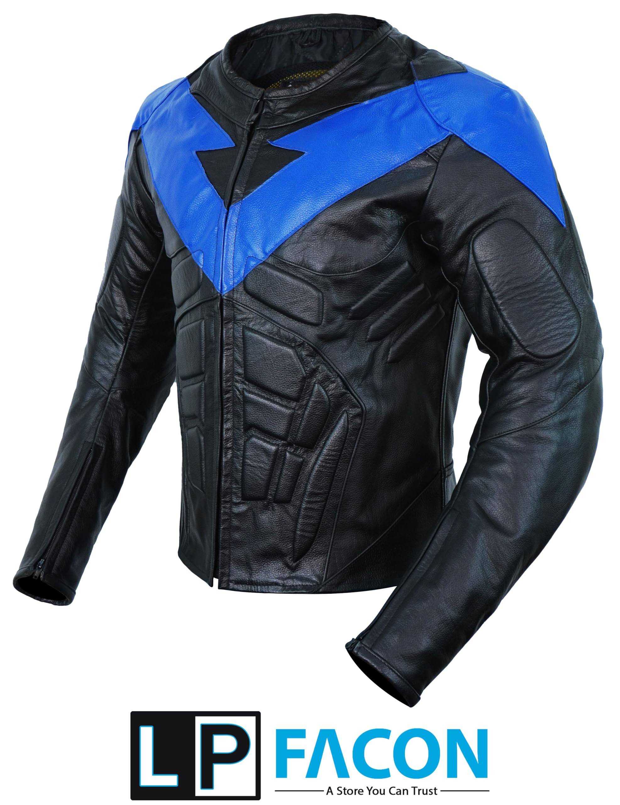 LP-FACON Nigth Wing Motorcycle Jacket Men - Black & Blue Protective Motorcycle Leather Jacket - Biker Armor Motorbike Padded Jacket Costume
