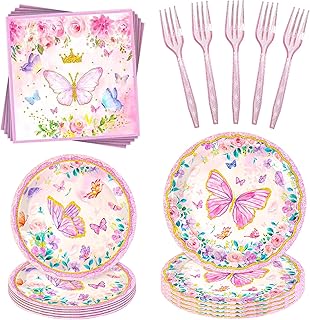 96 Pcs Butterfly Plates And Napkins Forks Set Pink Butterfly Party Decorations Supplies Birthday Disposable Party Supplies For Birthday Holiday Party Serves 24 Guests