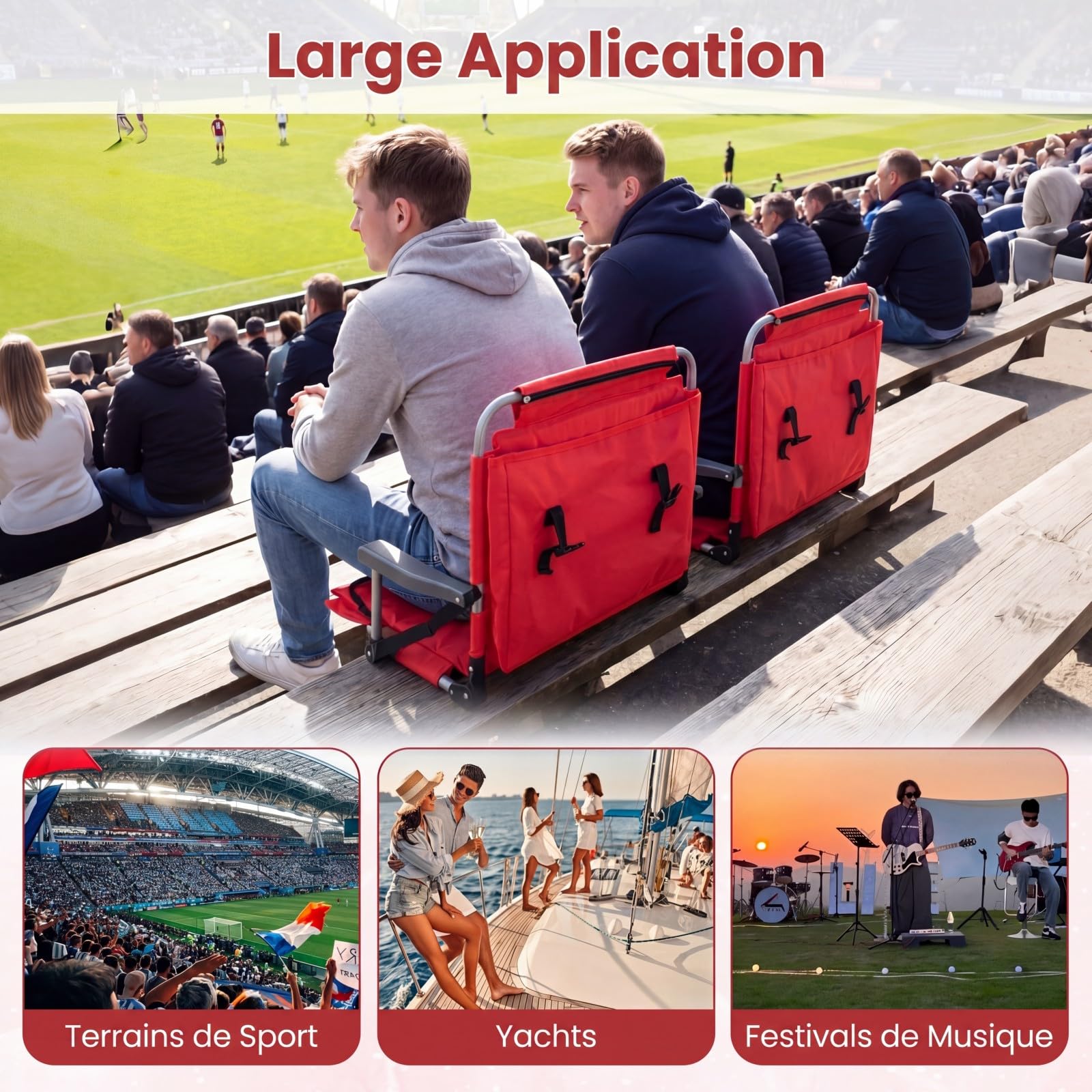 COSTWAY Siège de Stade Pliable, Chaise de Gradin Rembourrée avec Soutien Dorsal, Bandoulière, Poche Filet, Porte-Gobelet&Sac de Rangement, Chaise de Sol pour Yacht Match Sportif, Charge 102KG (Rouge)