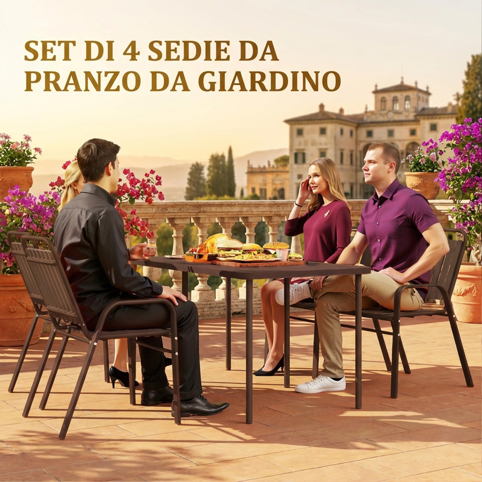 Outsunny Set 4 Sedie da Giardino Impilabili con Schienale Alto e Braccioli, Sedie da Esterno in Plastica PP e Acciaio, da Patio, Balcone, Terrazza, Esterno e Interno, 56x66x91 cm, Marrone Scuro