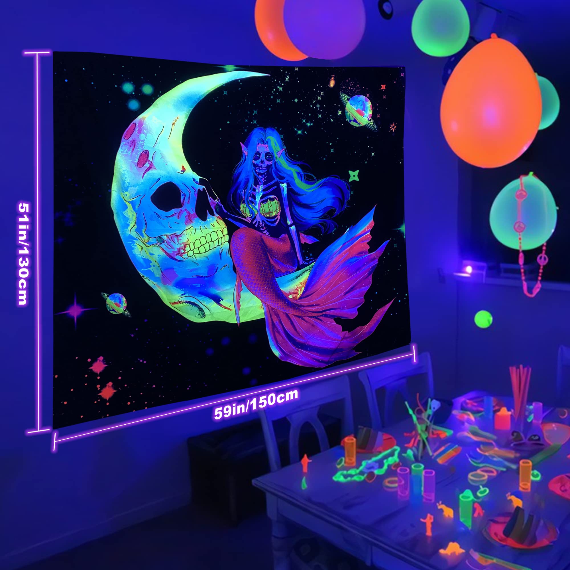 Blacklight - Arazzo con teschi UV reattivi, motivo teschio, arazzo, arazzo, bagliore al buio, per camera da letto, soggiorno, feste, sfondo 203,2 x 152,4 cm
