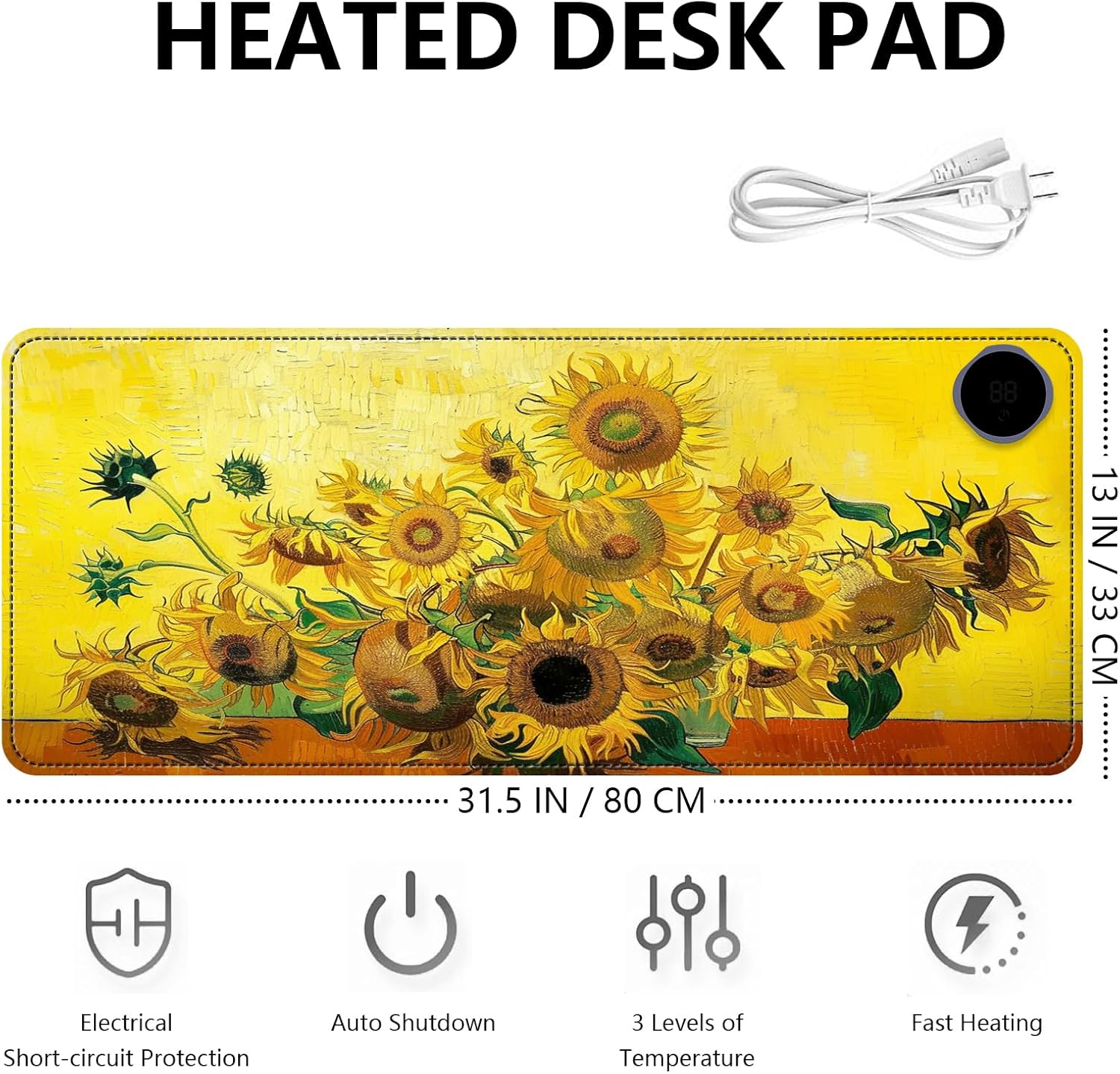 Heated Mouse Pad with 3 Levels Heated & 3 Hours Auto Shut-Off Mouse Pad for Warming Hands in Office Home, 31.5" x 13"Large Safe Desk Mat Hand Warmer，Sunflowers