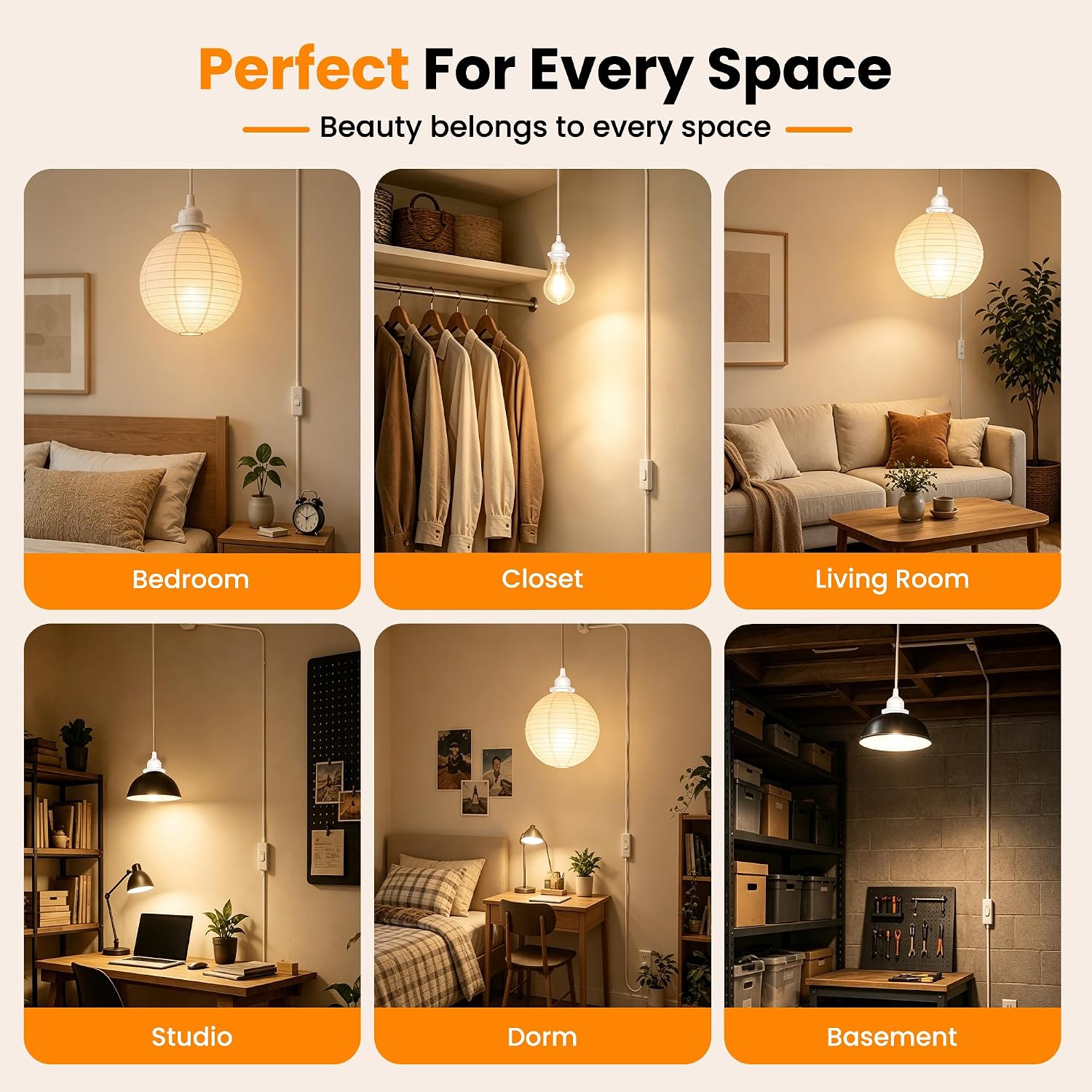 2 Pcs Plug in Pendant Light, E26 Plug in Hanging Light Cord Kit with Switch | 11.6 Ft Plug In Hanging Light Cord With E26 Socket, On/Off Switch And Socket Rings For DIY Pendant Lighting