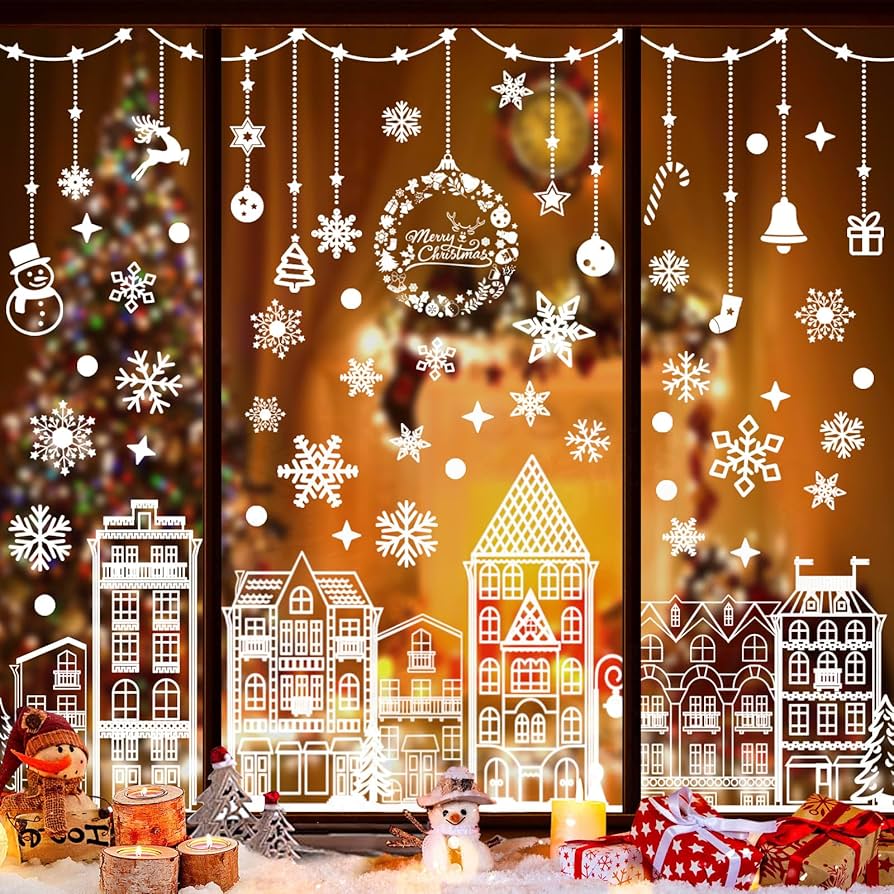 Vetrofanie Natalizie Riutilizzabili, 9 Adesivi Per Finestre, Addobbi Natalizi Per La Casa, Sticker Bianchi, Decorazioni Per Vetrine Negozio Grandi