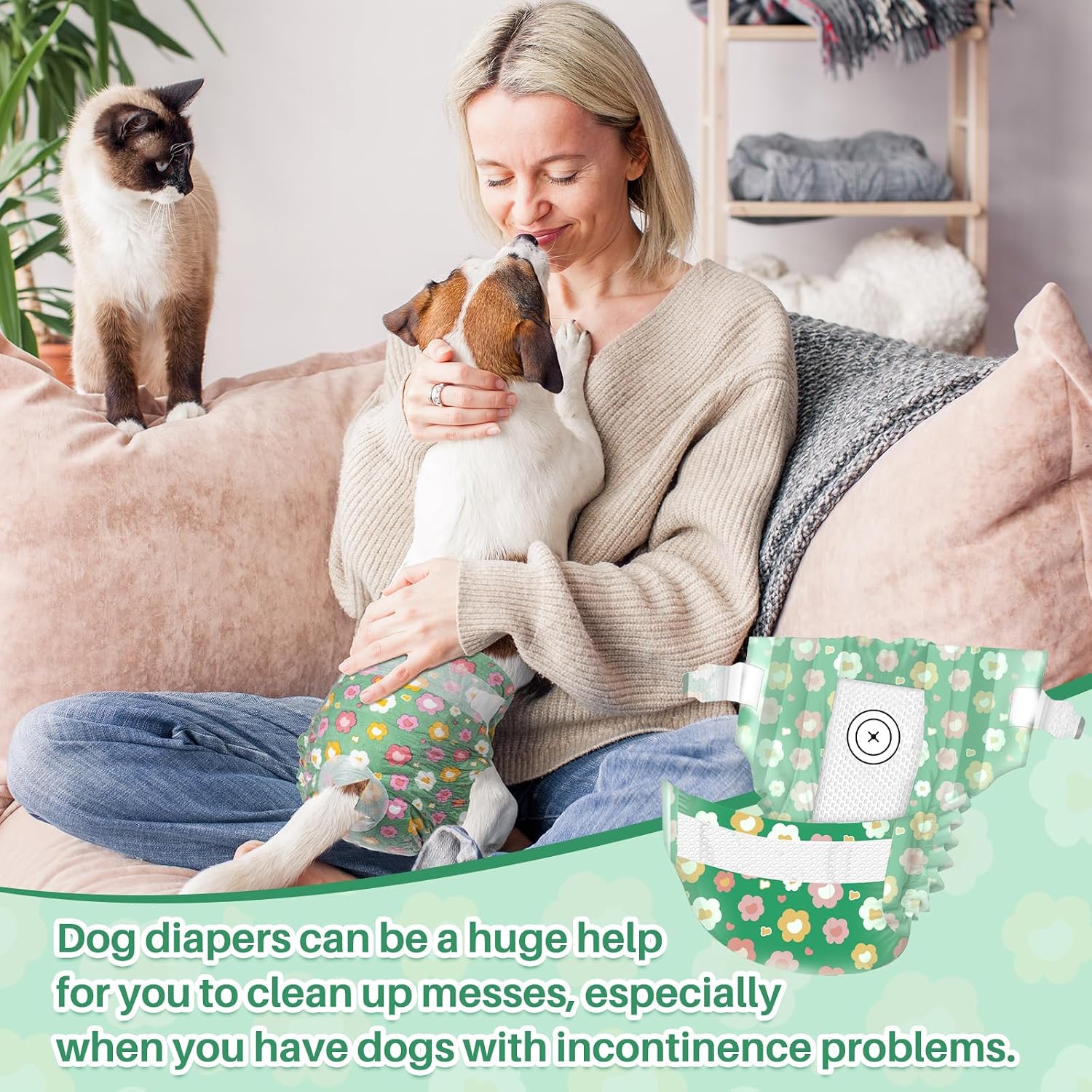 Pet Soft Female Dog Diapers - Disposable Dog Diapers with Adjustable Foam Tail Hole, Cat & Puppy Diaper for Dogs in Heat or Incontinence, X-Small (24Pcs, Green)