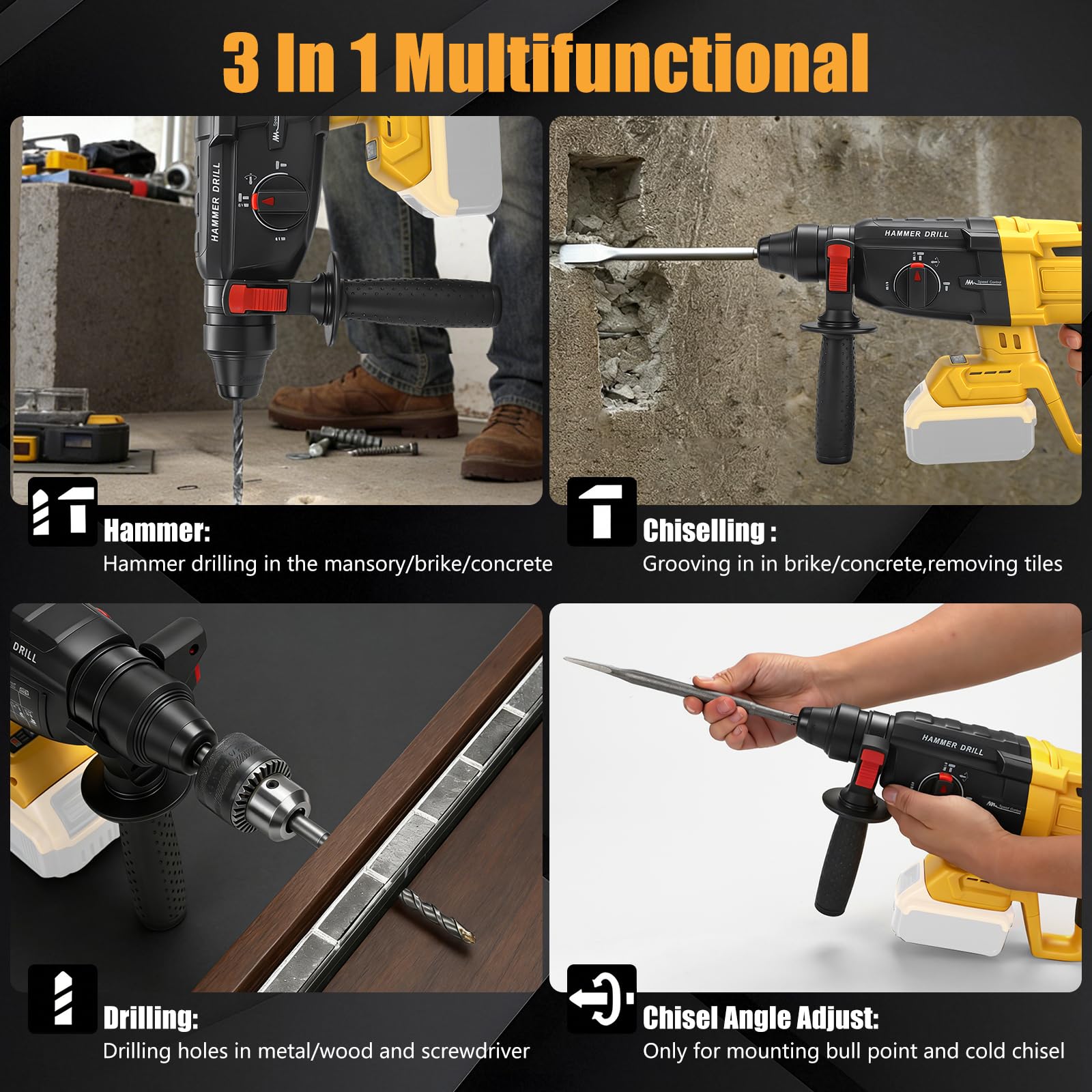 WingFly Martillo perforador inalámbrico para Dewalt 18 V, 20 V | energía de impacto 3,2 J, 3 unidades SDS-plus, perforación hasta 28 mm, motor de martillo perforador sin escobillas, mango