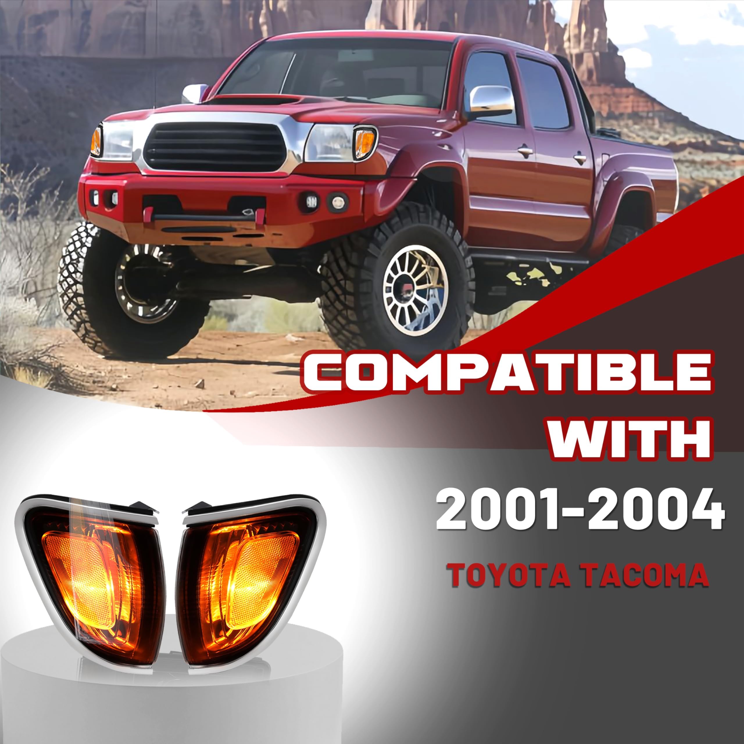 HECASA Pair Corner Light Compatible with 2001-2004 Toyota Tacoma Replacement for TO2520161 TO2521161 with Chrome Trim Turn Signal Corner Lamp Assembly Yellow Lens+Chrome Housing Plastic