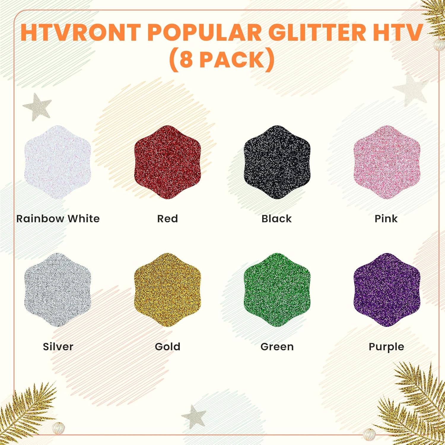 HTVRONT Glitter HTV Vinyl Bundle - 8 Pack 10" x 3FT Glitter Heat Transfer Vinyl for T Shirt, Glitter Iron on Vinyl Compatible with Cricut Cutting Machine (8 Glitter Colors)