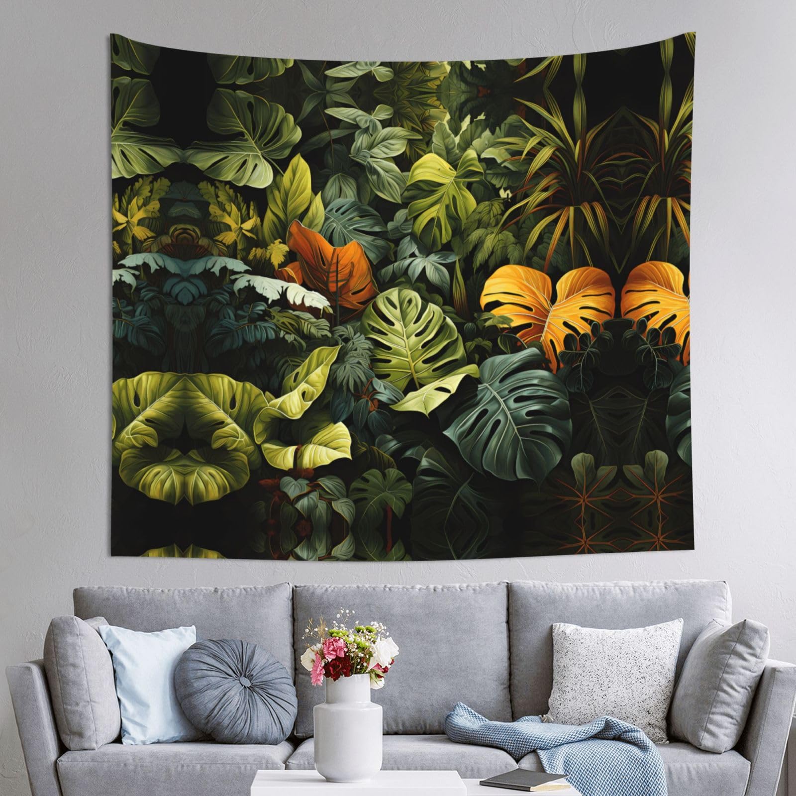 HLSBSSL 60x51in Tropical Rainforest Palm Leaves Printed Tapestry Tablecloth for Dormitory and Picnic Rooms - Multifunctional Fabric Hanging