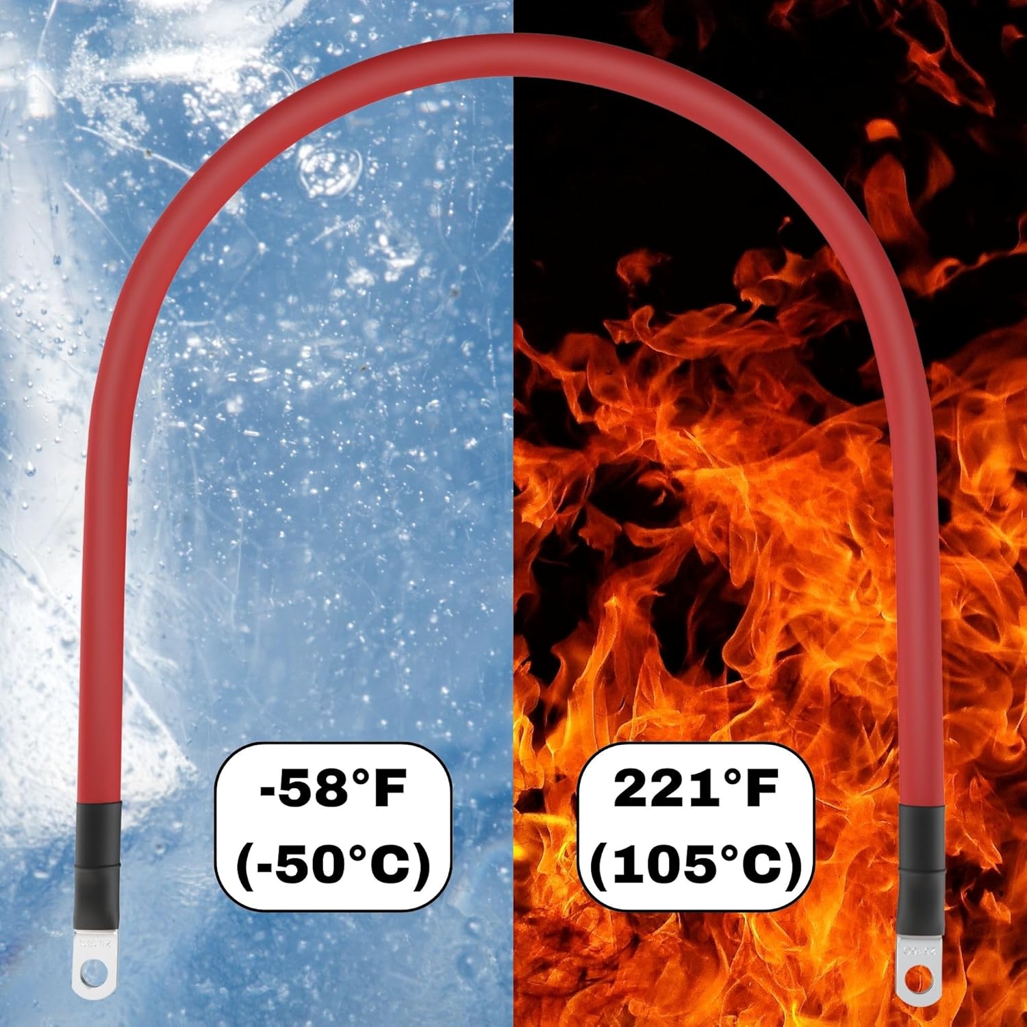 2/0 AWG Battery Cable with Terminals, Pure Copper Wire and Tin-Plated Copper Lugs, Auto, Solar Power Inverter, Welding, Golf Cart, Motorcycle (Red Wire, 2 FT (24 in), 1/2" Lugs on Both Ends, 1pc)