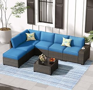 7-Piece Patio Furniture Set, All-Weather Outdoor Wicker Sectional Sofa with Cushions, Tempered Glass Table & Ottoman, Rattan Conversation Seating for Porch, Garden, Backyard,Peacock Blue