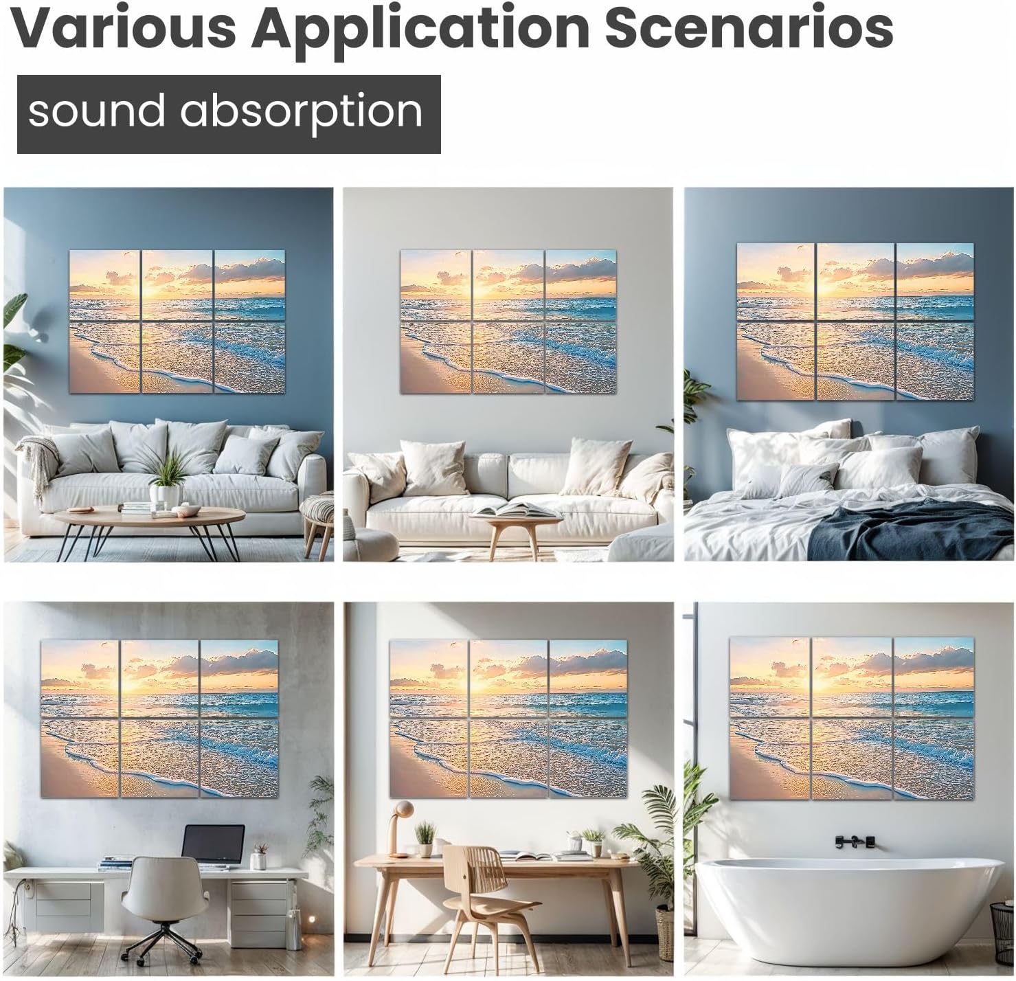 Art Acoustic Panels Decorative Beach Sunset Ocean Waves Beach Clouds Horizon 6 Pack Decorative Sound Absorbing Wall Panels 72x48" Noise Canceling Soundproof Padding Room Decor for Office