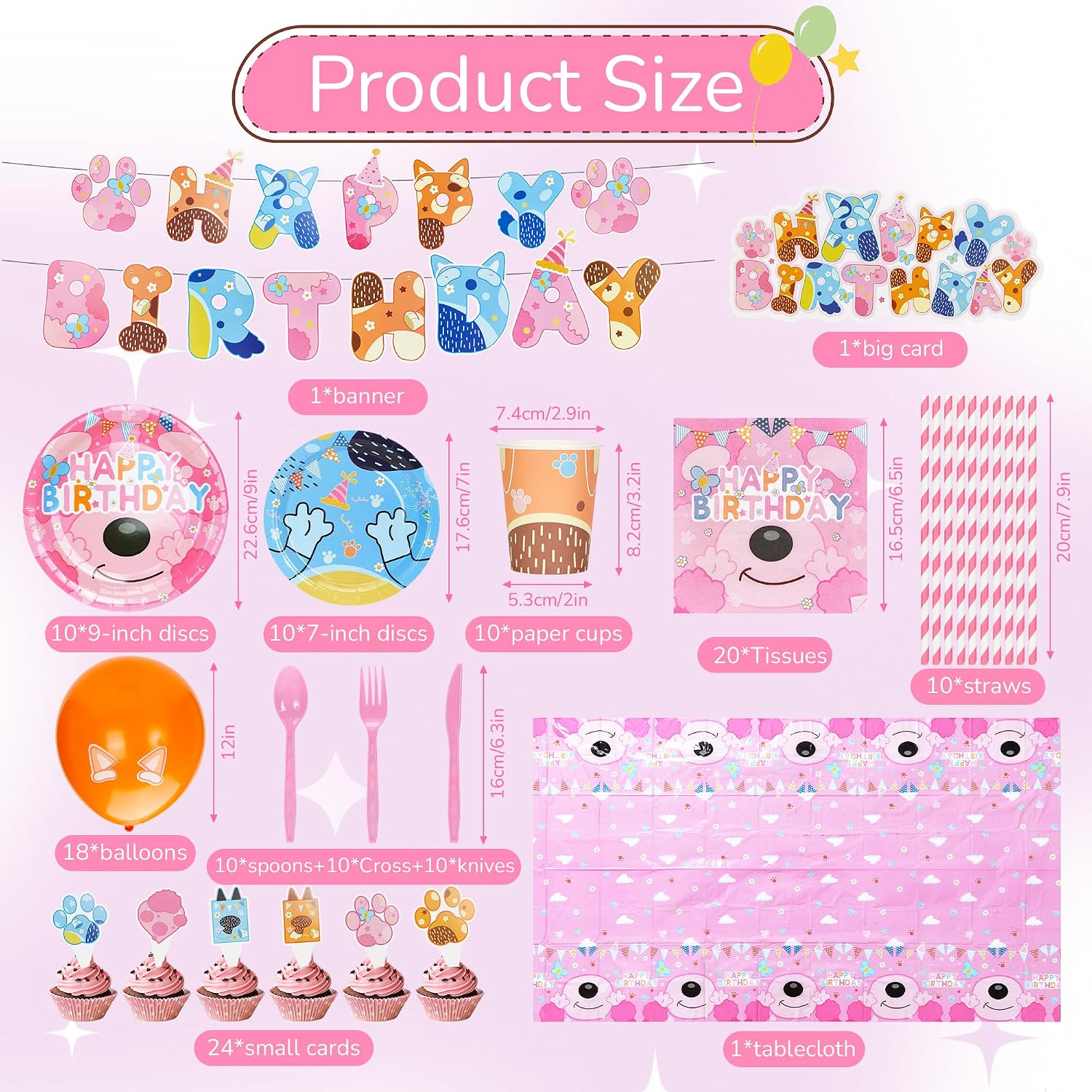 125pcs Dog Cartoon Theme Party Supplies - Party Decorations Set with Paper Plates Napkins Cups Cupcake Toppers Tablecloth Balloons Banner for Birthday Baby Shower Kids Theme Party (Pink)