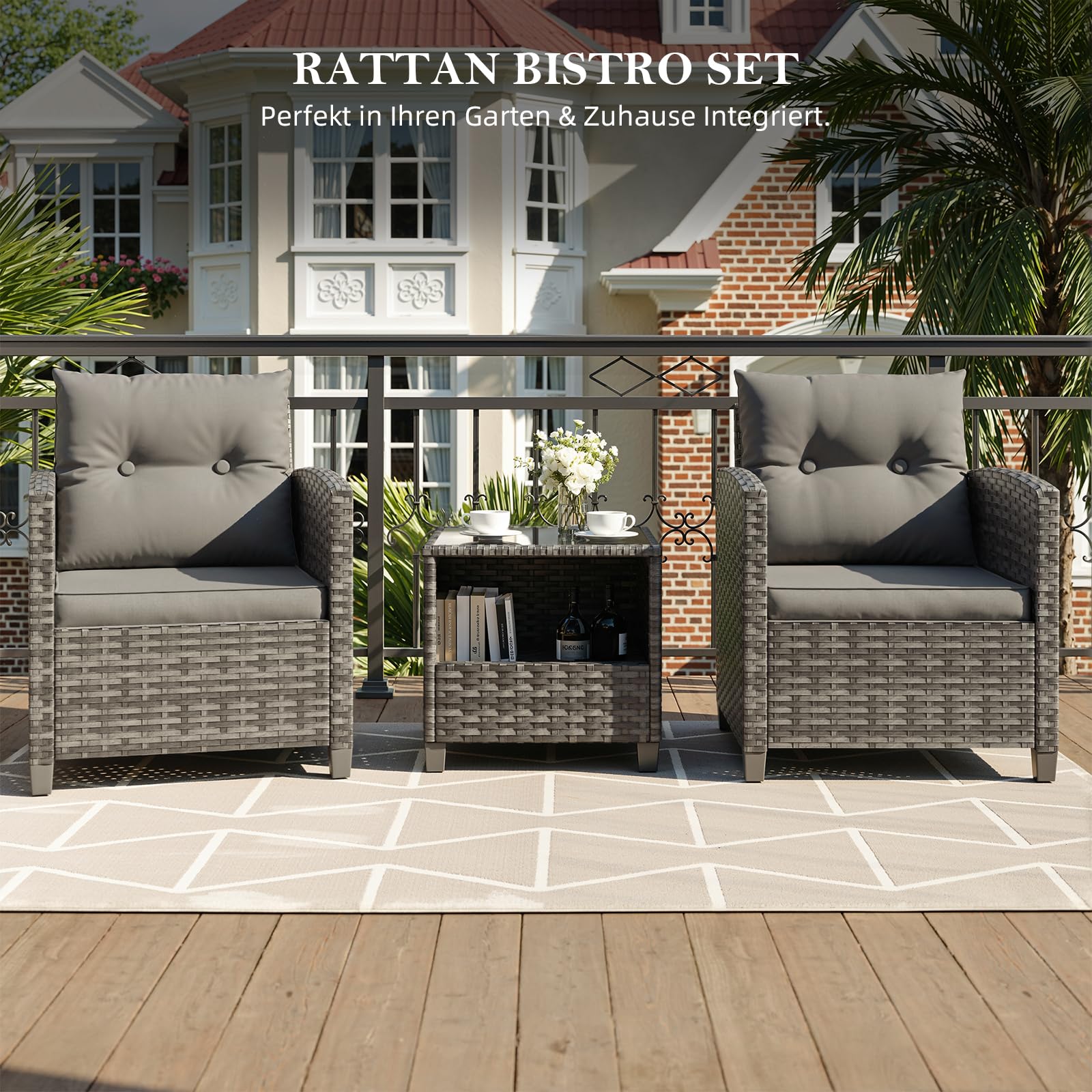 UDPATIO 3-Teiliges Rattan Gartenmöbel Set für 2 Personen, Balkonmöbel Set mit 2 Sesseln & Kaffeetisch, Outdoor Lounge Gartenmöbel Set für Garten, Poolbereich,Balkon & Terrasse (Grau-meliert)