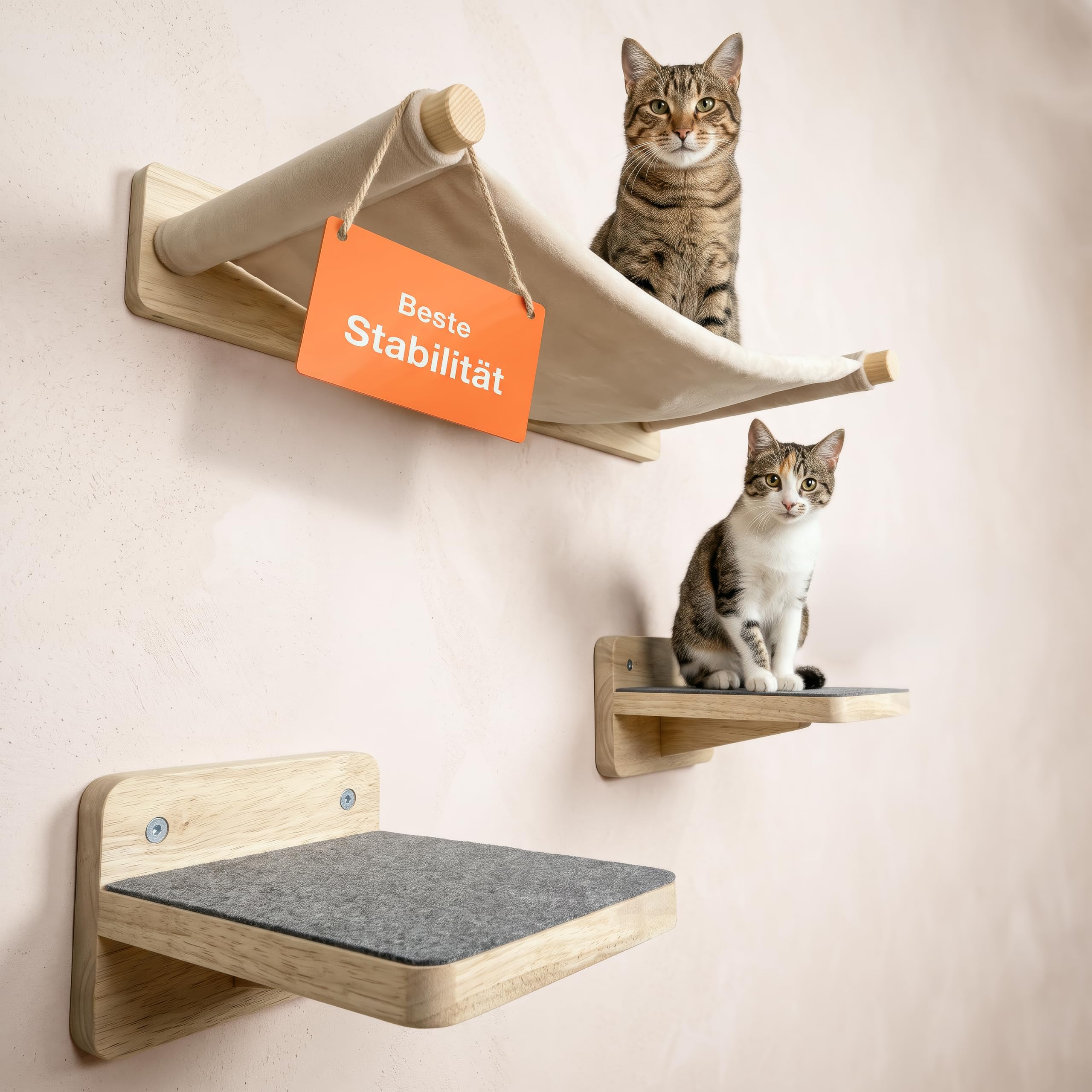 WOOWOOD® Kletterwand Katzen 3er Set, 1 Hängematten, 2 Treppen, Wandmontage | Wandmontage ohne Bodenfläche, erhöhter Rückzugsort, modular erweiterbar, Naturholz, für den Innenbereich