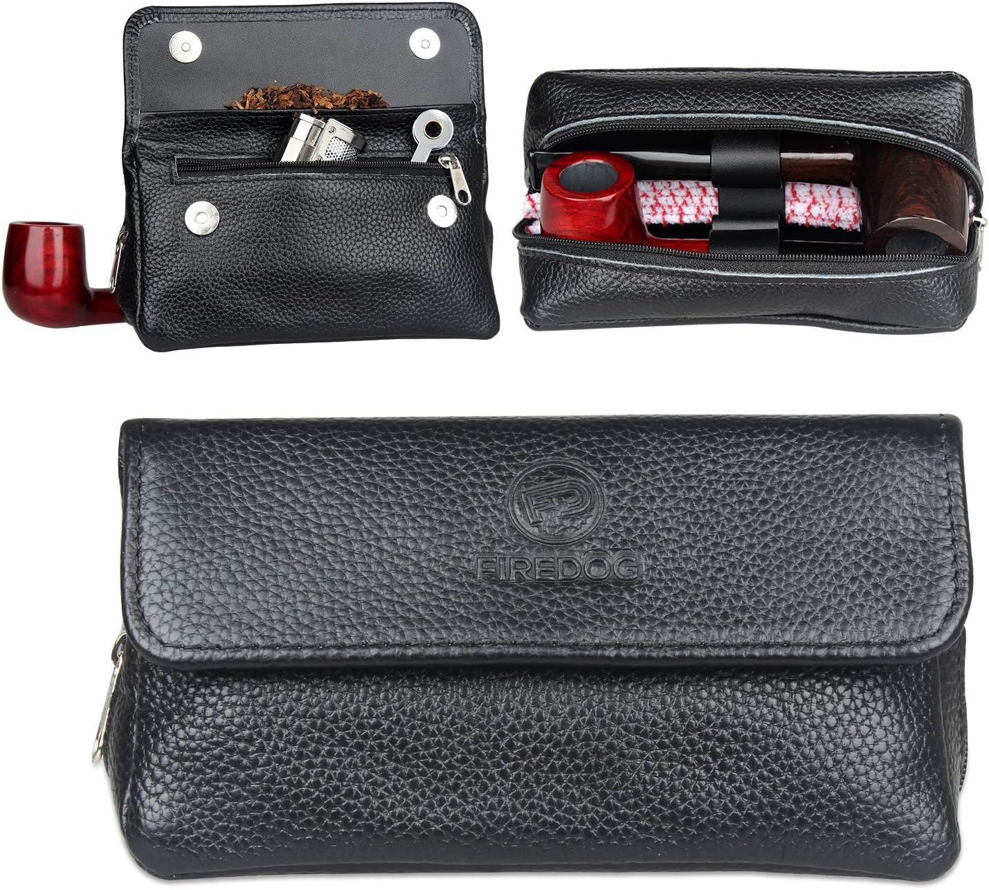 FIREDOG Leather Smoking Pipe Bag Pouch Case for 2 Pipes (Black)