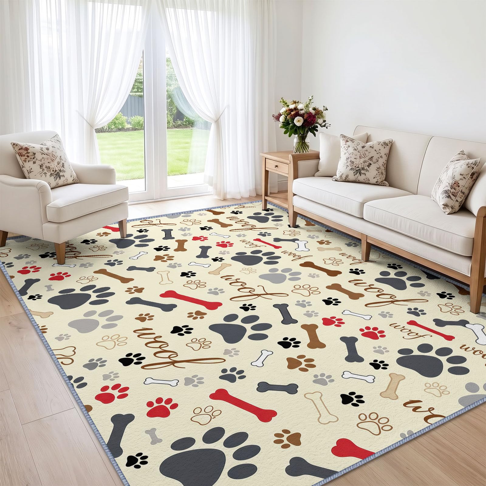 Generisch Hundepfotenabdruck Hundeknochen Waschbarer Teppich Wohnzimme 160x230 cm, Weich Kurzflor rutschfest Modern Lustig Cartoon Teppich für Schlafzimmer Esszimmer Büro