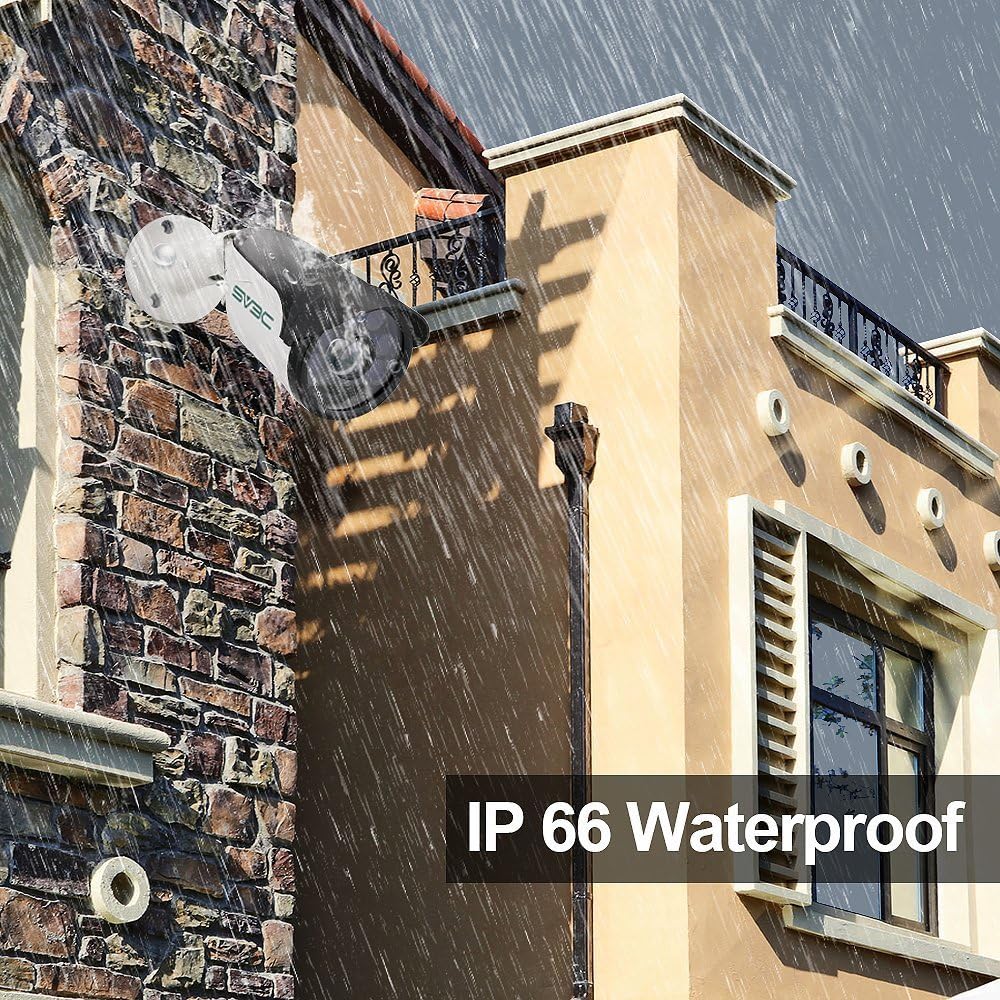 SV3C 5MP PoE Camera installed outdoors in rainy conditions, highlighting its IP66 waterproof rating.