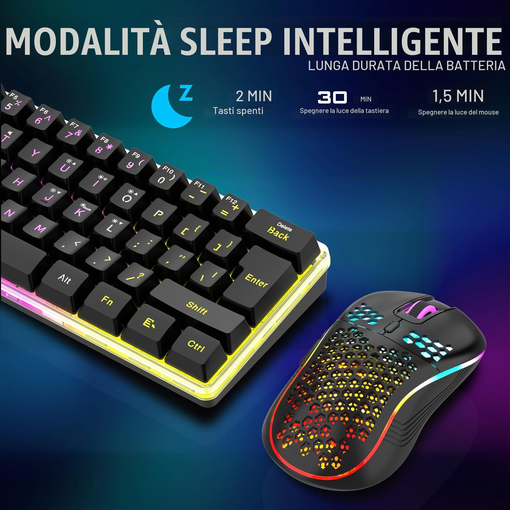 RedThunder K62 - Tastiera e mouse da gaming RGB 60% wireless in lingua spagnola, mini tastiera ultra compatta retroilluminata ed ergonomica, mouse da gaming ottico 3200 DPI, compatibile con PC, PS5