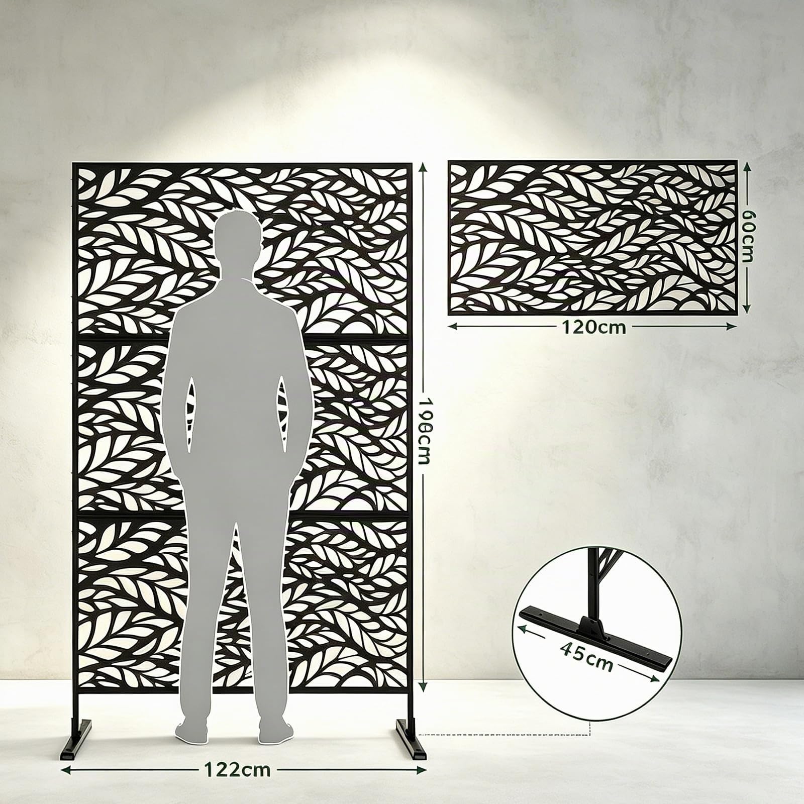 LIFEZEAL Brise-Vue en Métal, Panneau Intimité Autoportant avec Support, Motif de Feuilles, Paravent Occultant Extérieur, pour Patio, Balcon, Salle Intérieure, Jardin, Noir, 122 x 45 x 198 CM