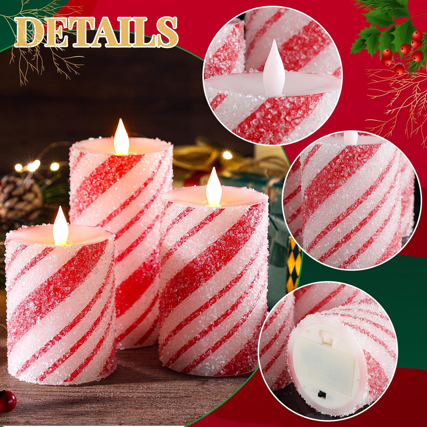 Baquler 3 Pcs Christmas Flameless Pillar Candles LED Candy Cane Peppermint Stripe Red and White Glitter Battery Operated Candles for Xmas Holiday Centerpiece Home Party Decor