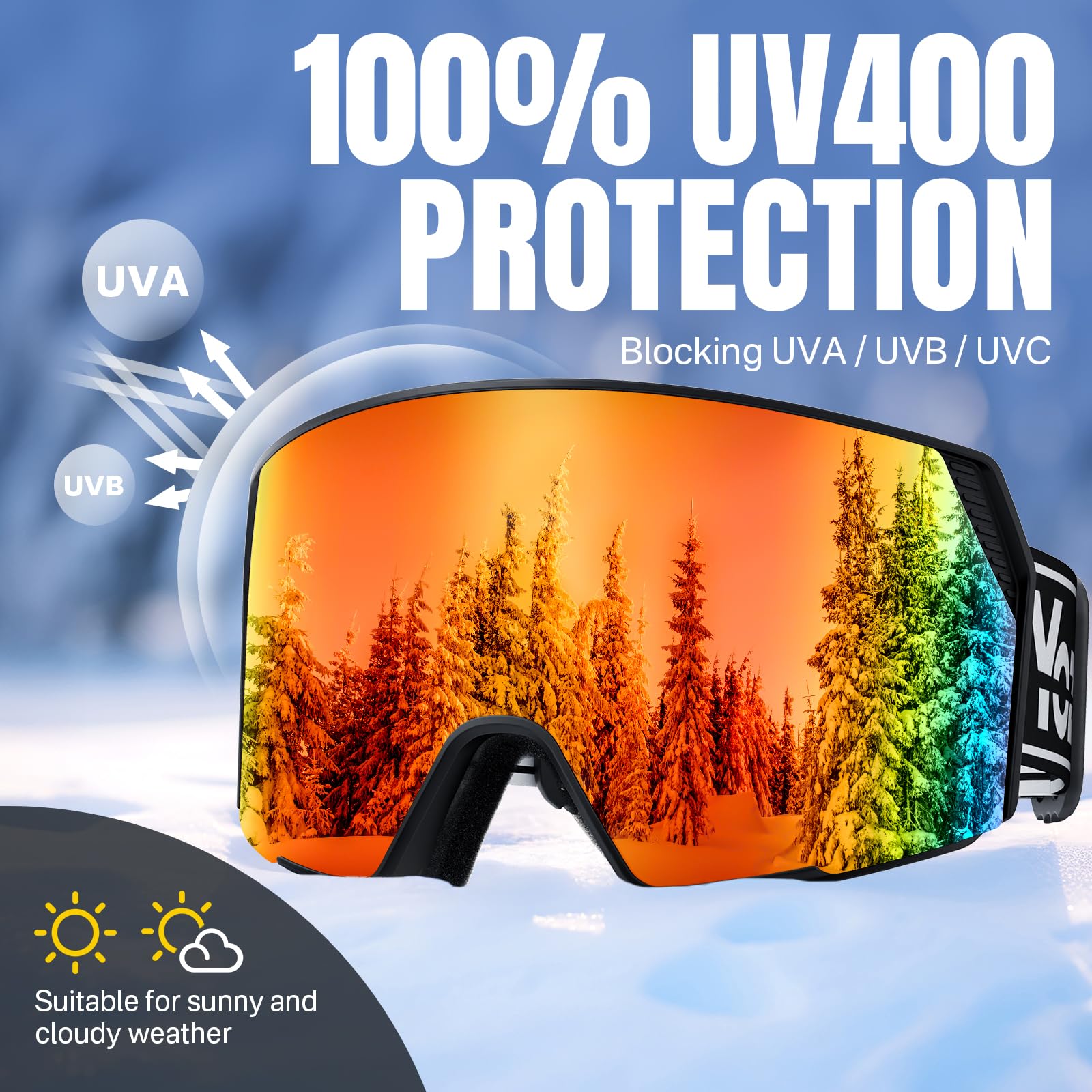 YOZISS Maschera da Sci uomo donna,OTG Maschera da Snowboard, Protezione UV400 Occhiali da Sci Snowboard, Occhiali da Motocross per ciclismo Equitazione Arrampicata Sci