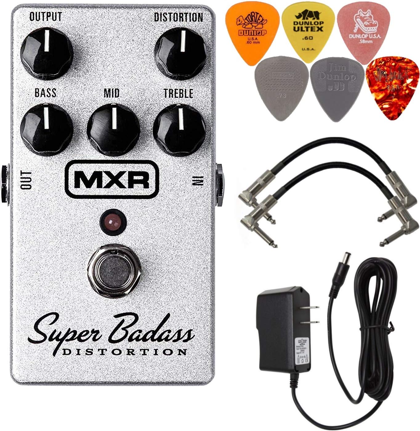 M75 Super Badass Distortion Guitar Effects Pedal with Power Supply, 2 Patch Cables, and 6 Dunlop Picks
