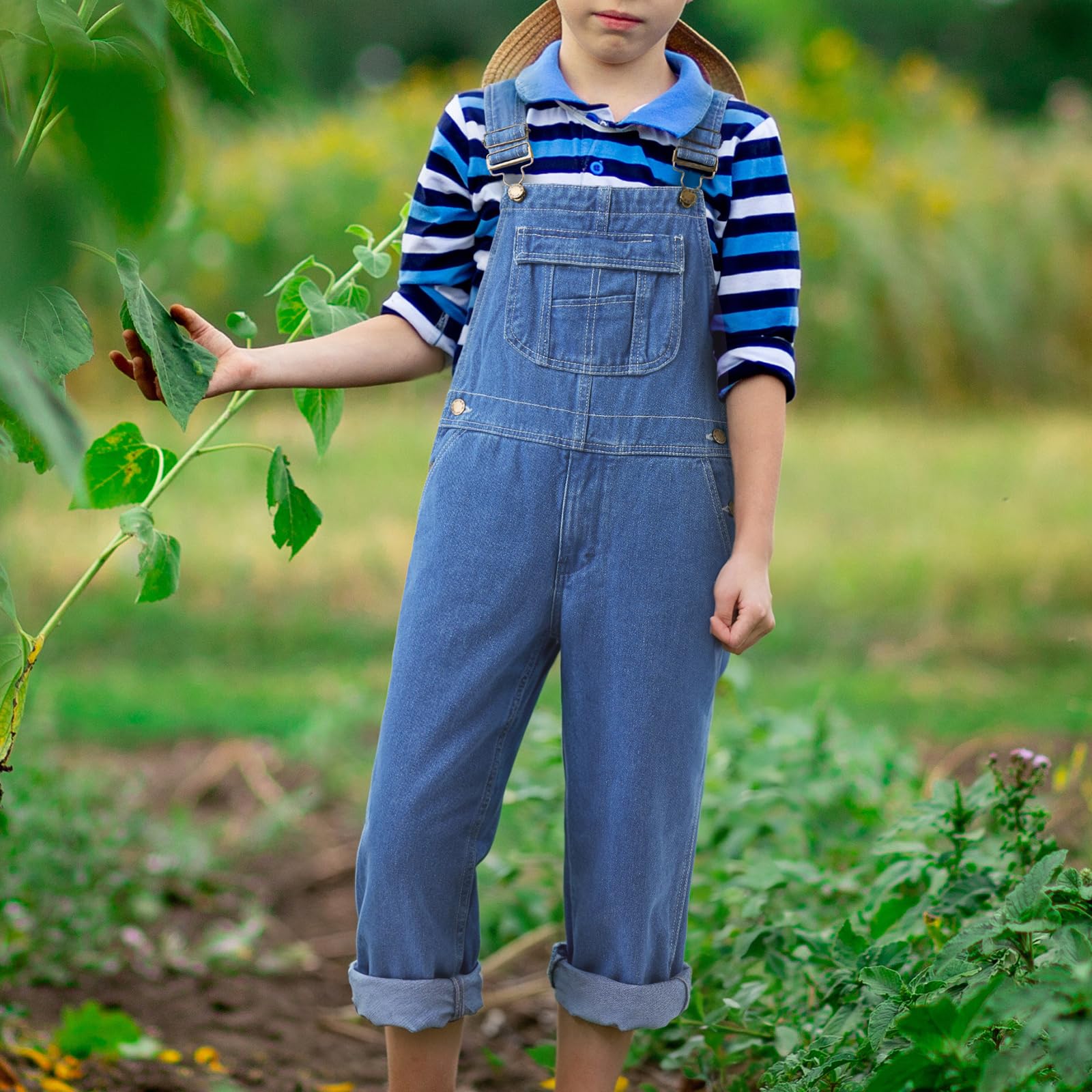 HISEA Salopette en jean pour garçon, taille 4-16, salopette en jean bleu pour enfants avec bretelles réglables, salopette délavée classique pour jeunes