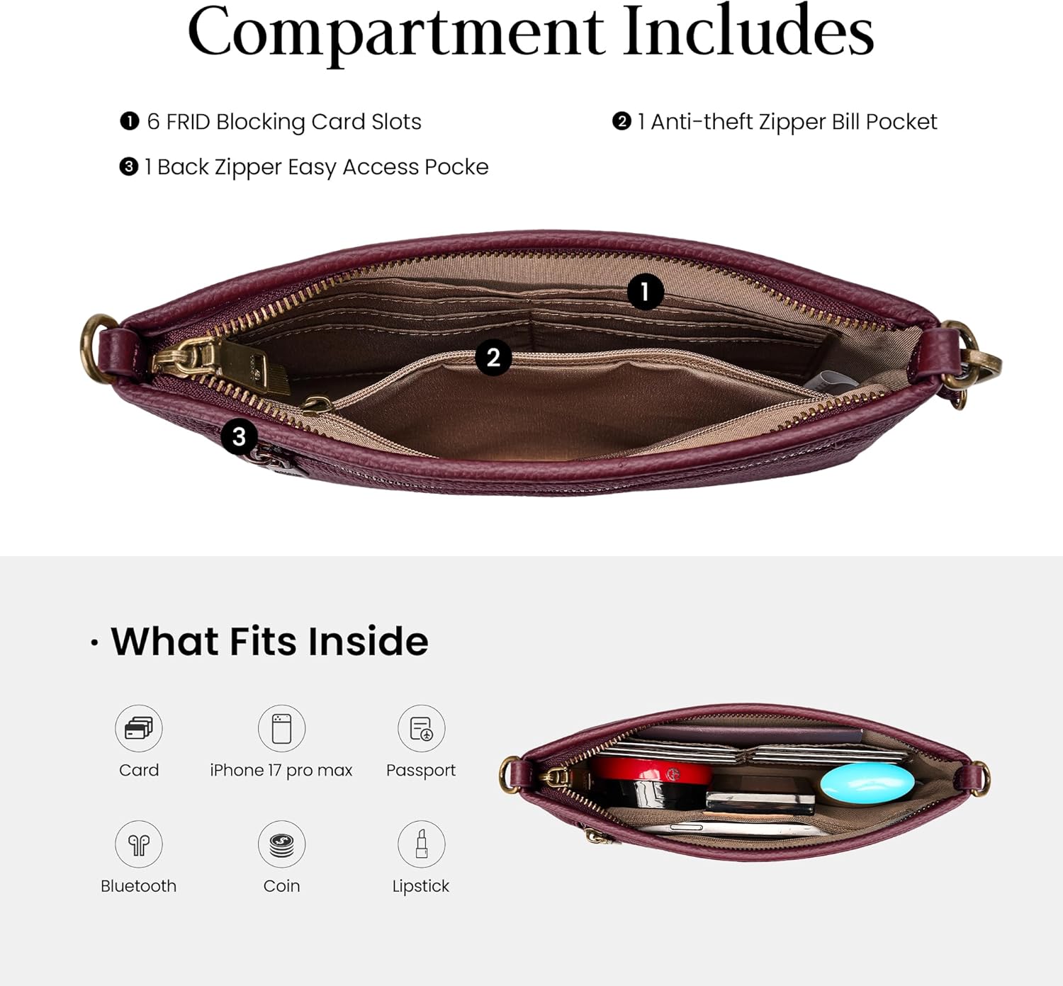 befen Genuine Leather Wristlet Wallet for Women Soft RFID Leather Clutch Purse with Built in Wallet Trendy Crossbody Bag - Image 5