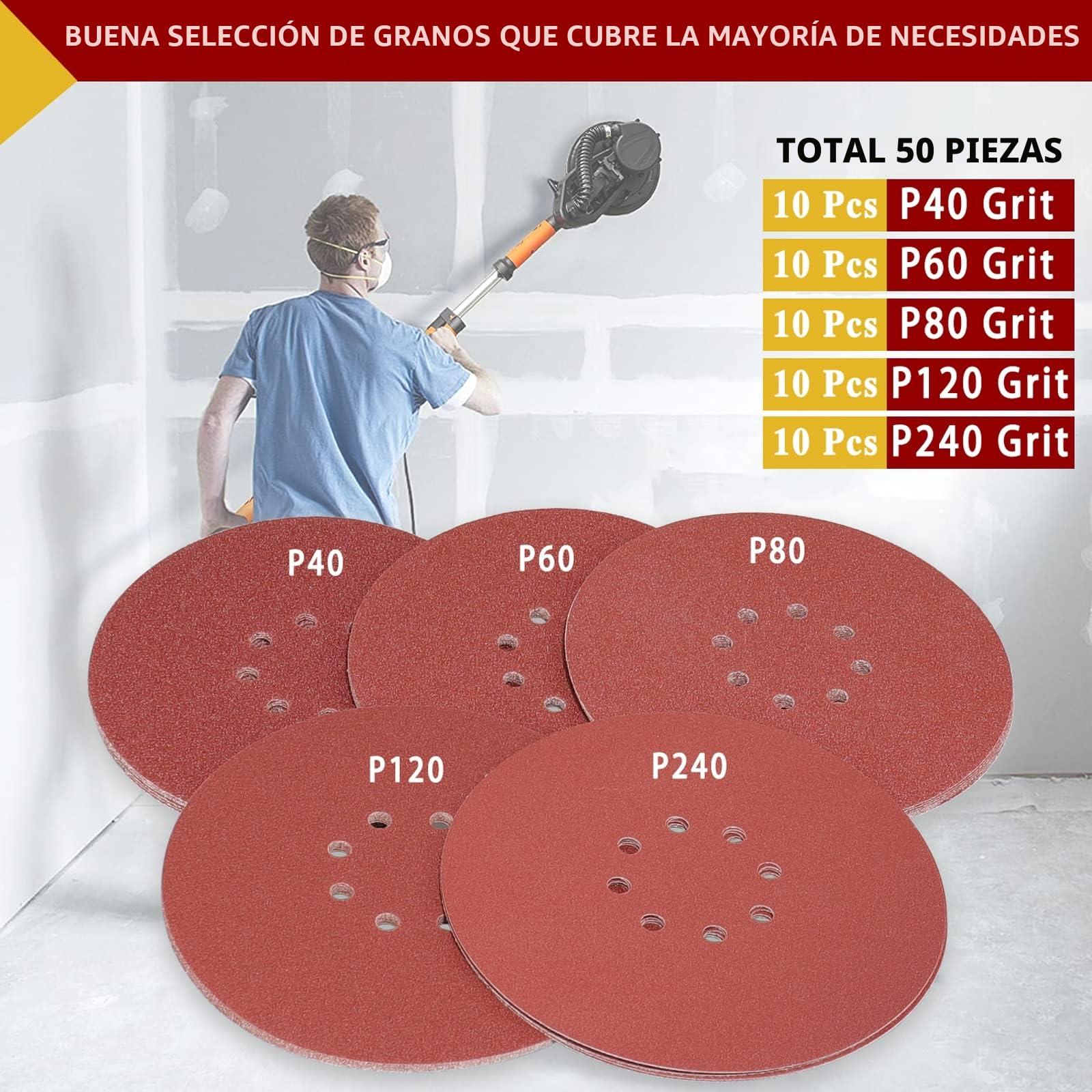 STEBRUAM Discos de lijado de 225 mm, Discos de Lija 225 mm Papel abrasivo autoadhesivos Papel de Lija de 50 Piezas 10 x 40/60/80/120/240 Papeles de Lija Abrasivos con para lijadoras de cuello largo