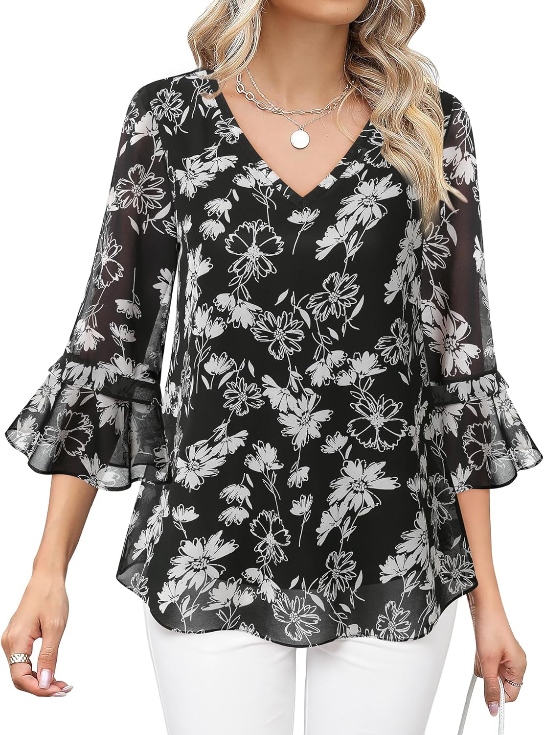 Bebonnie Womens Dressy Casual Tops Ruffle 3/4 Sleeve V Neck Floral Chiffon Blouses