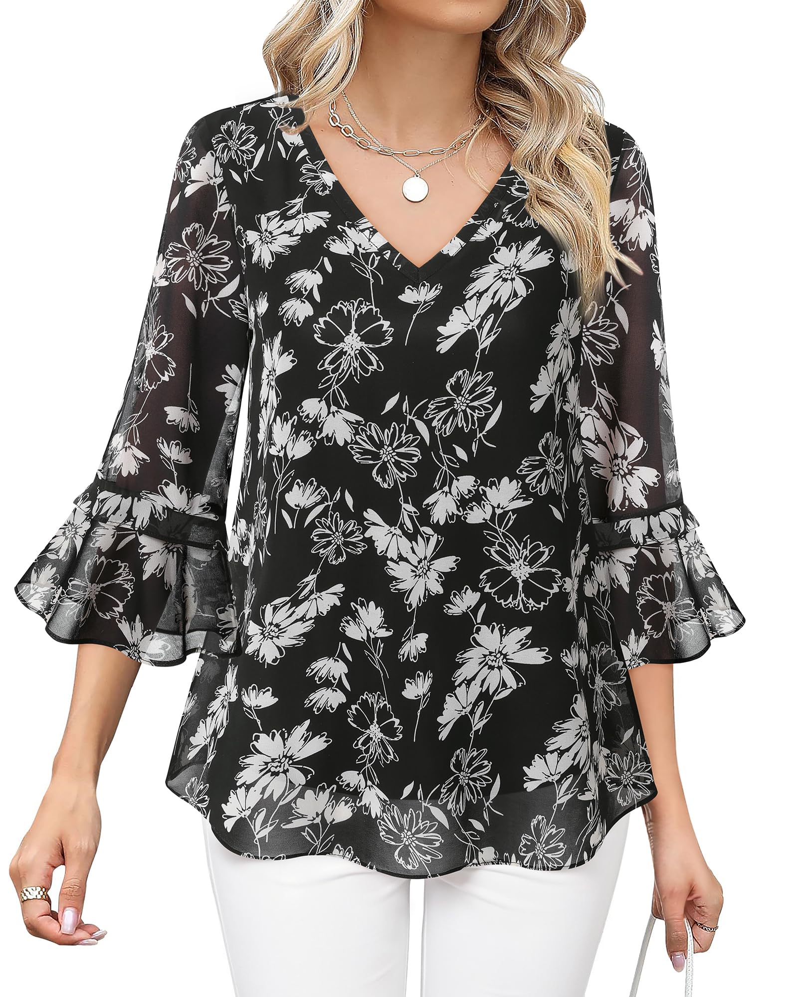 Bebonnie Camicette da donna eleganti e casual, con maniche a 3/4, scollo a V, in chiffon