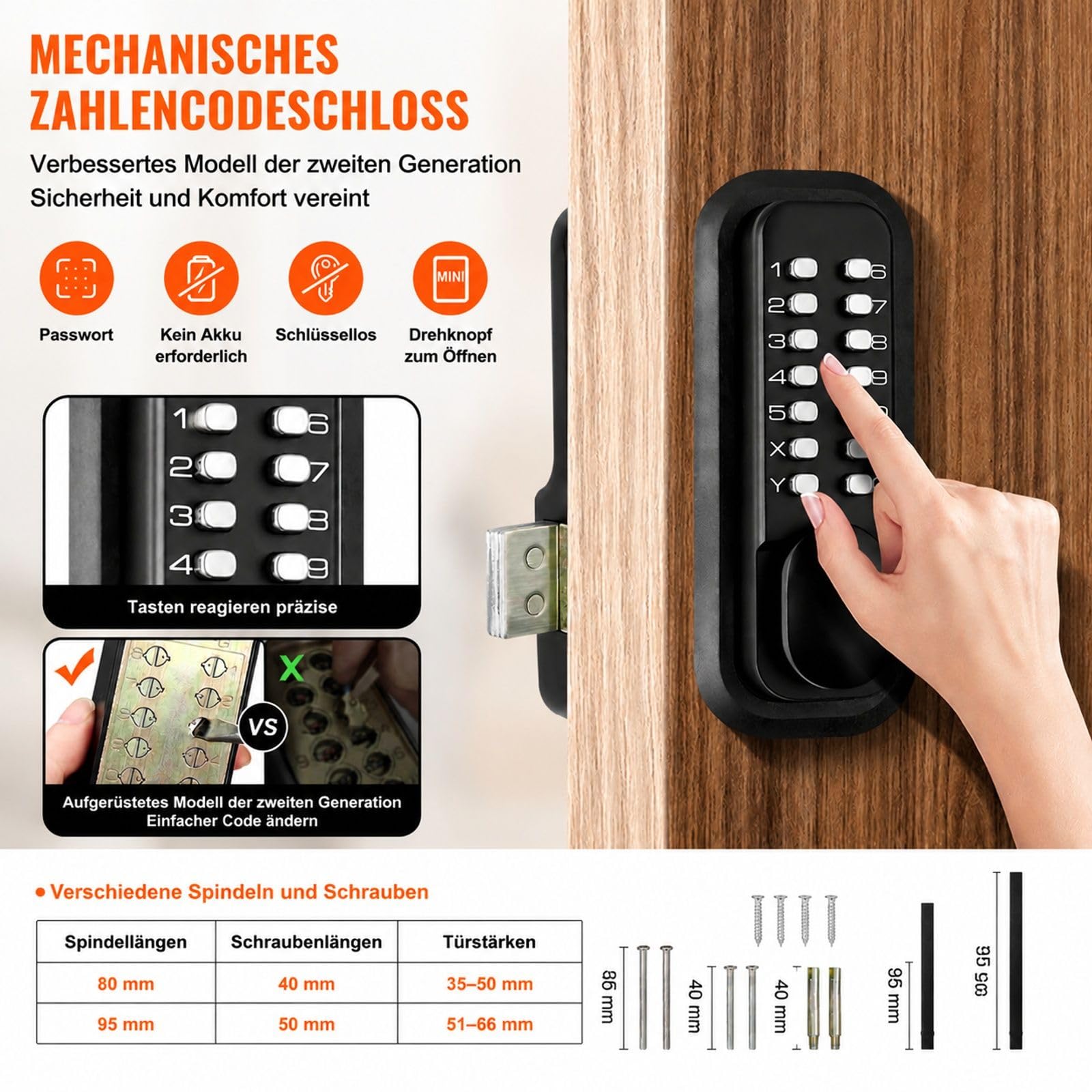Mechanisches Türschloss mit Zahlencode, Tastatur und Drehknauf, Aufputzmontage, für Garage, Hotel, Büro und Studio