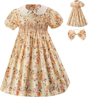 Girl Spring Summer Dress Smocked Floral Toddler Girl Smocked Vintage Birthday Tea Party Preschool Kindergarten Dresses