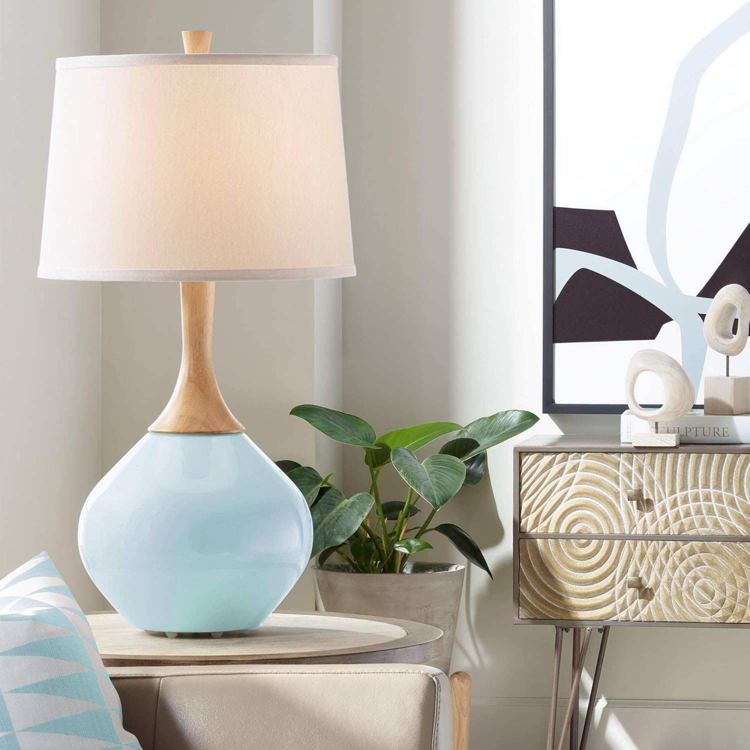 Color + Plus Wexler 31" Tall Large Mid Century Modern Coastal End Table Lamp Vast Sky Blue Finish Glass Wood Single Fabric White Shade Living Room Bedroom Bedside Nightstand House Office Home