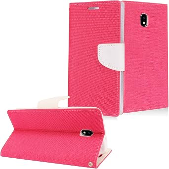 For Samsung Galaxy J7 2018, J7 Refine, J7 Star, J7V 2nd Gen. SM-J737 - Denim Fabric Flip Wallet Case + Tempered Glass Screen Protector - White/Pink
