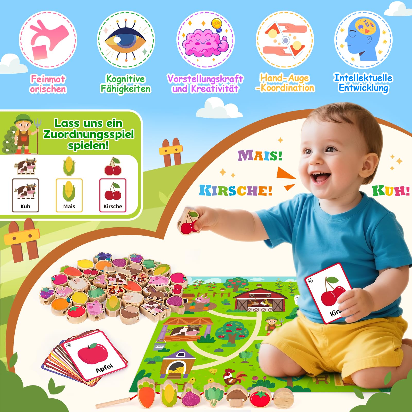 Juguetes Montessori Niños 1 2 3 Años: Regalo Niña Niño 2 3 Años cuentas de Madera Juguete Enhebrar Juegos Educativos Niños 1-3 Años Regalo de Cumpleaños Tema de la Granja con Animales Frutas Verduras