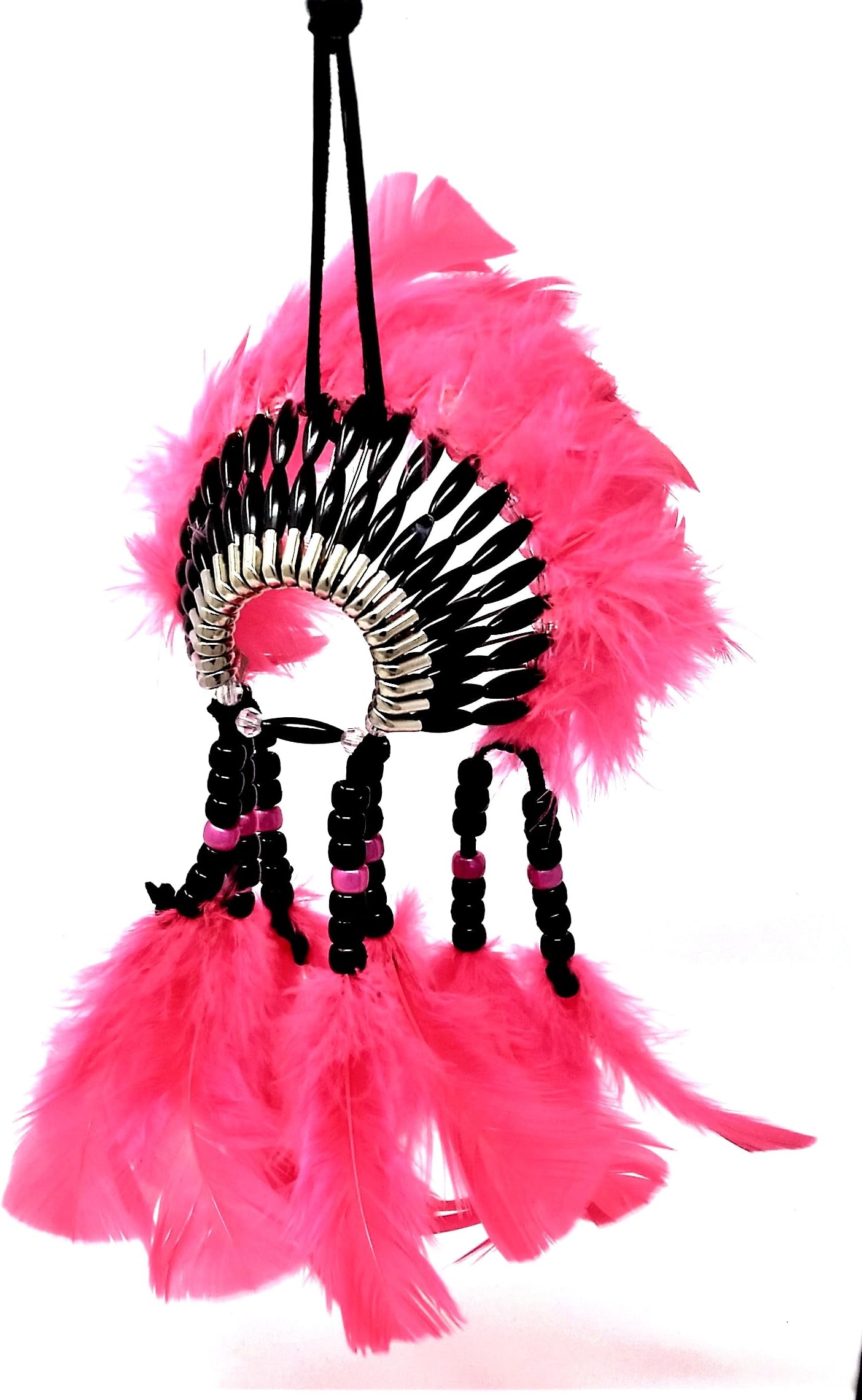 Mini Headdress Hanging Ornament - Authentic USA Cherokee Indian Made - Native American Rear View Mirror Accessory (Pink)