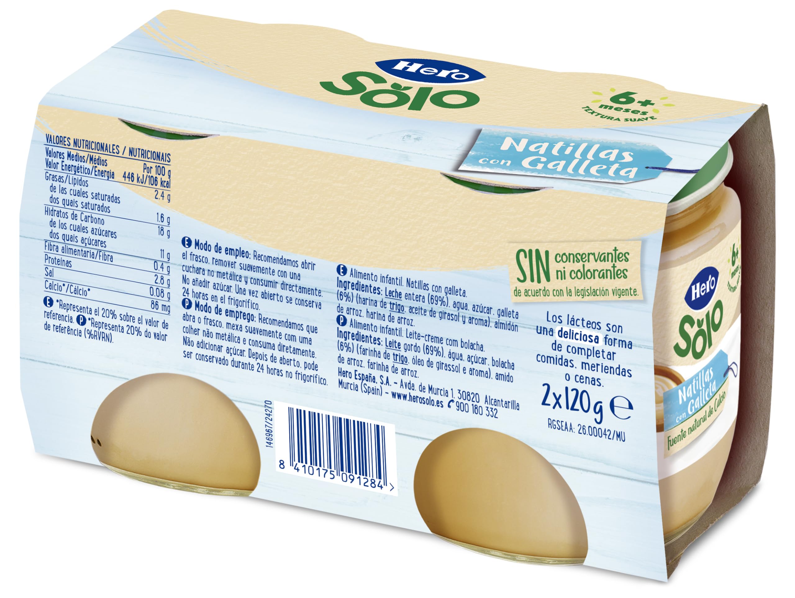 Hero Solo Tarrinas de Natillas con Galleta, Fuente Natural de Calcio, Sin Aceite de Palma, 6 Packs de 2x130gr
