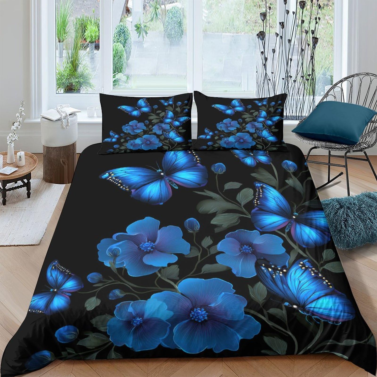 TUFRTGYHN 3D Printed Blue Floral Butterfly Duvet Cover Set Microfiber Soft Breathable Bedding Set with 2 Pillowcases for Bedroom Decor Single（135x200cm）