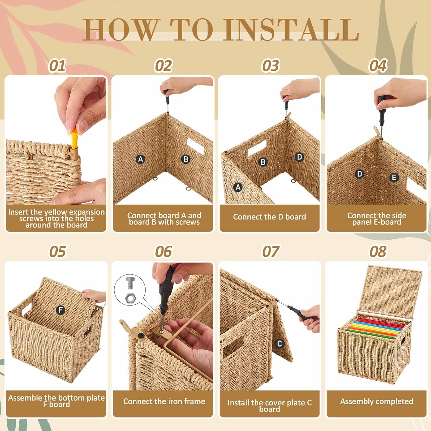 Jingmore Paper Rope File Box Organizer with 25 Hanging File Folders, Collapsible Letter Size Filing Storage Box with Lid, Handwoven Document Basket, Decorative Document Storage for Office & Home